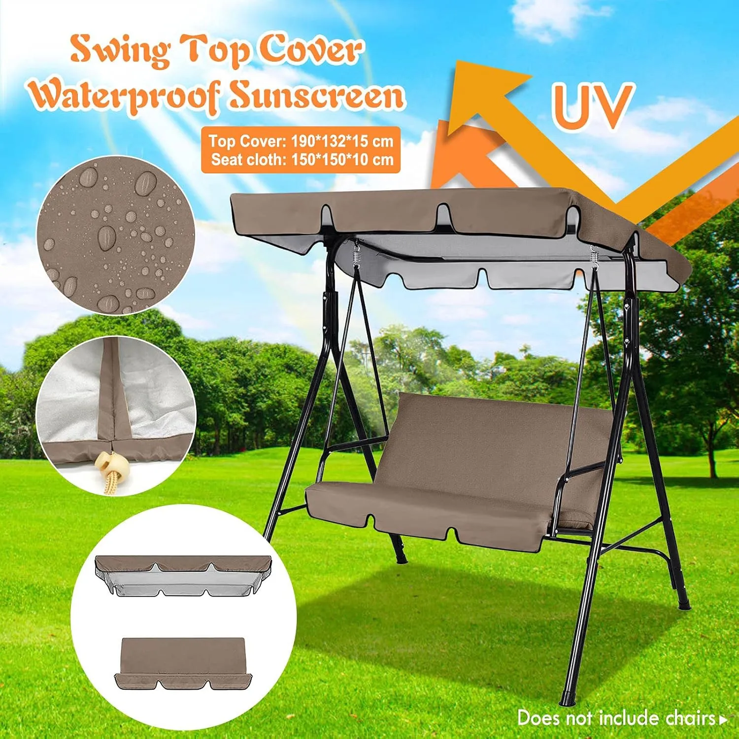 Outdoor Swing Canopy Replacement Top Cover Waterproof Universal for Patio Garden Swing Chair, 3 Seater UV Block Sun Shade Easy Install Replacement Canopy for Patio Hammock (D, 75x 52x 6 inches)