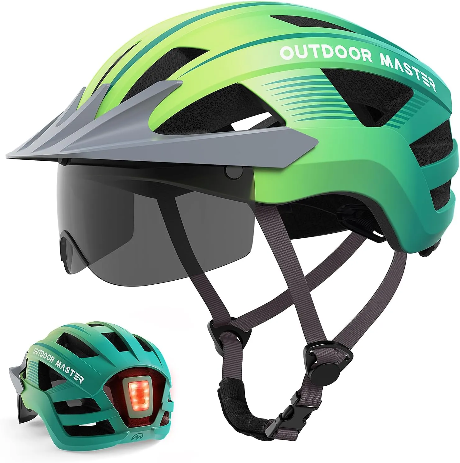 OutdoorMaster Adult Bike Helmet - Bicycle Helmet with Rechargeable Rear LED Light, Detachable Magnetic Goggles, Removable Sun Visor - Suitable for Commuting and Cycling for Men and Women
