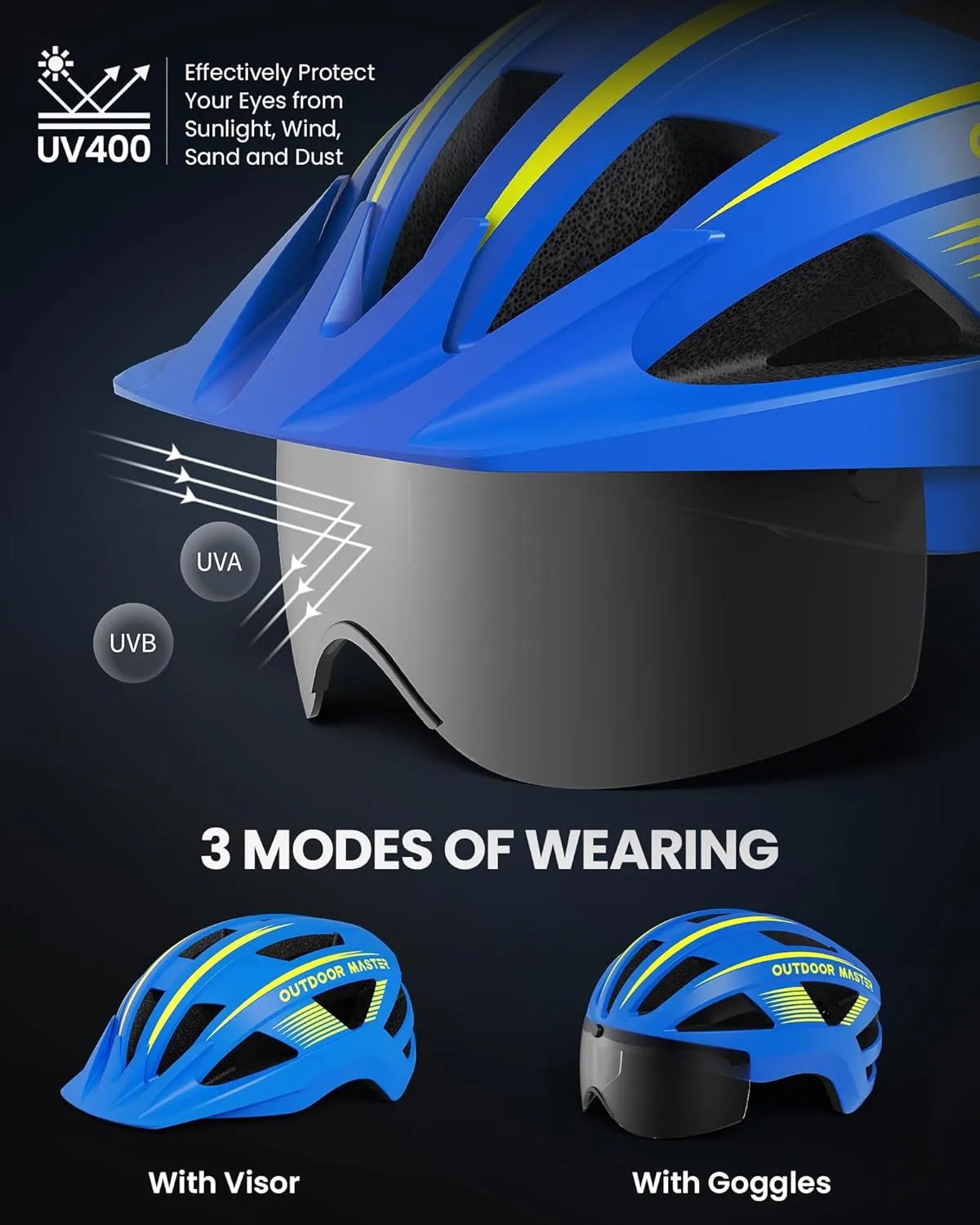 OutdoorMaster Adult Bike Helmet - Bicycle Helmet with Rechargeable Rear LED Light, Detachable Magnetic Goggles, Removable Sun Visor - Suitable for Commuting and Cycling for Men and Women
