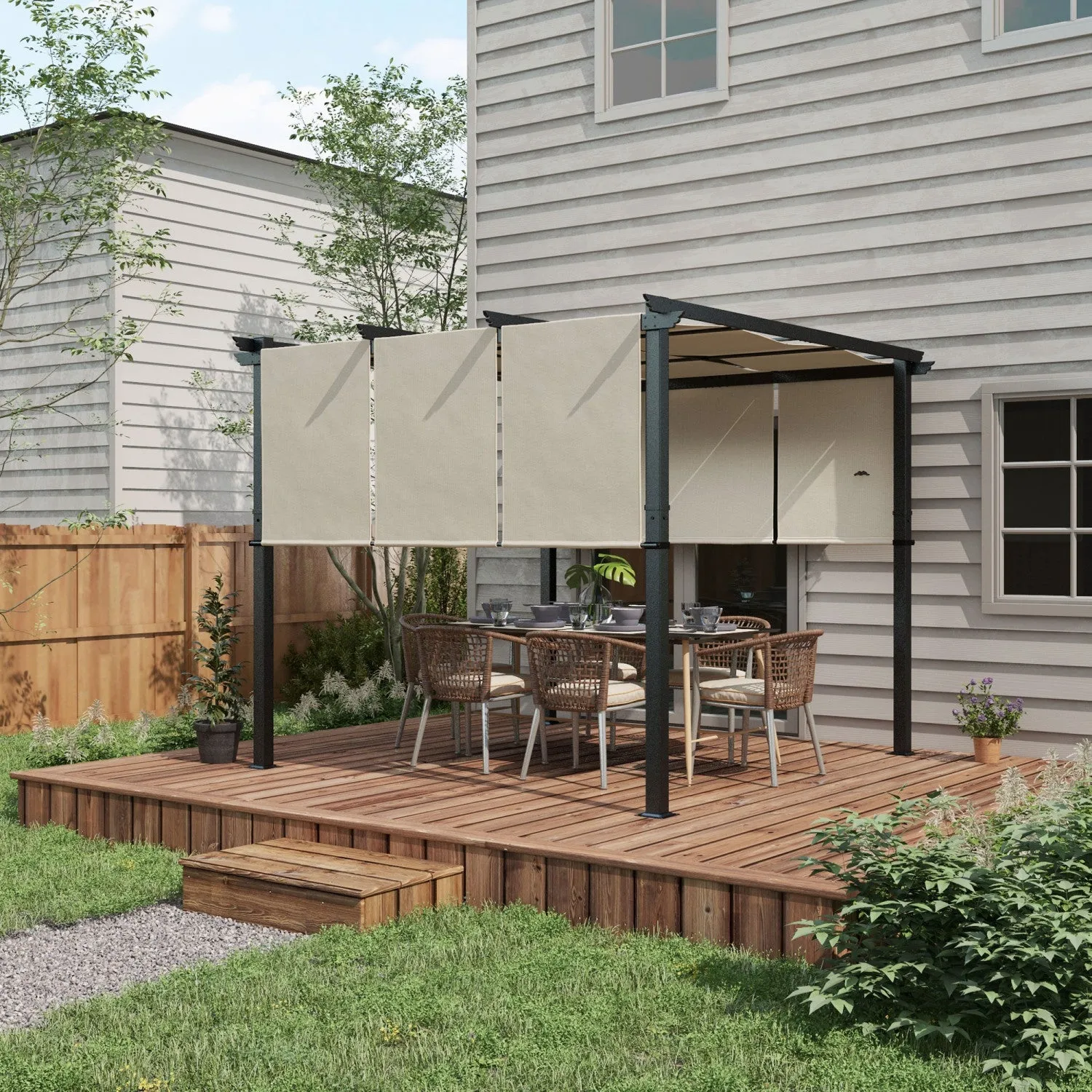 Outsunny 10' X 10' Metal Pergola With Retractable Canopy For Patio, Deck|Outsunny Pergola En Metal 10' X 10' Avec Auvent Retractable Pour Patio