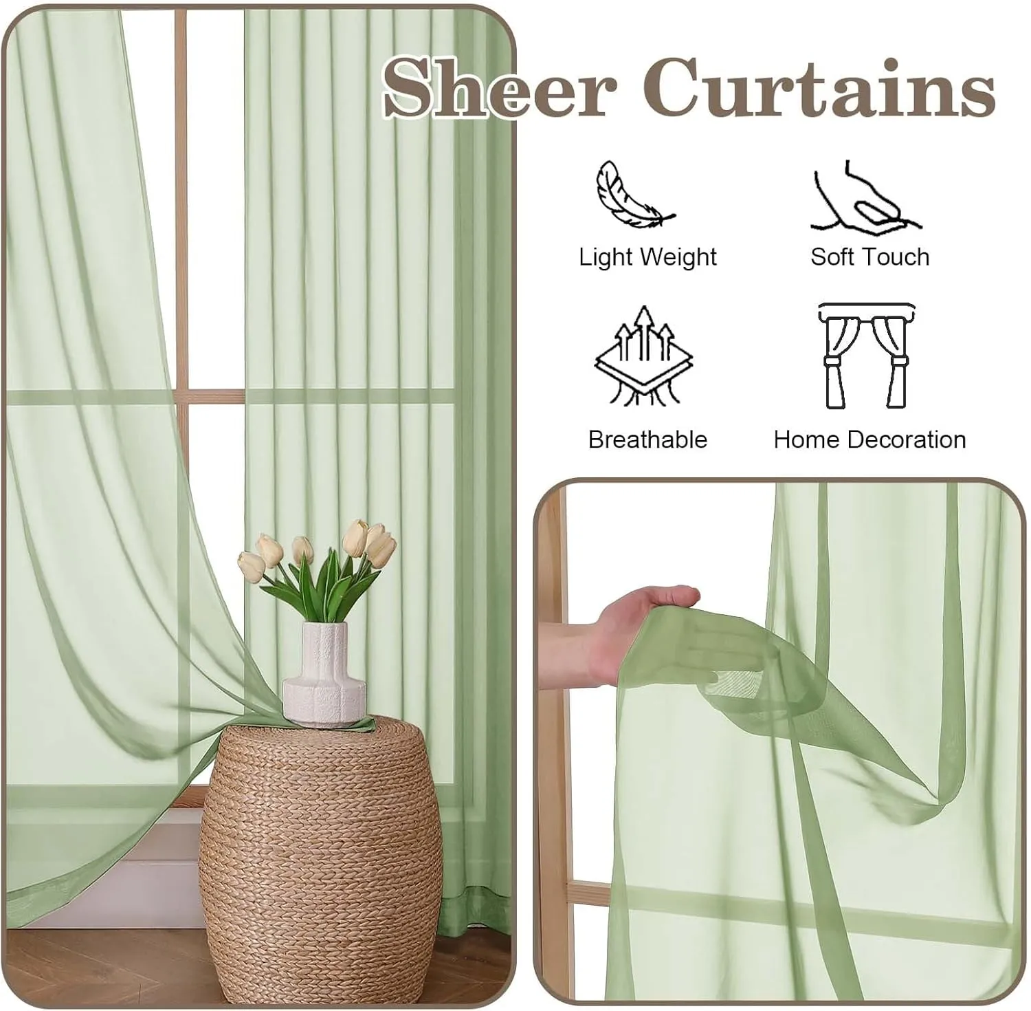 OWENIE Pinch Pleated Light Green Sheer Curtains for Bedroom Living Room 63 Inch Length 2 Panels Set, Solid Airy Light Filtering Curtains Dining Room Window Treatments, Light Green, Each 40x63 Inch