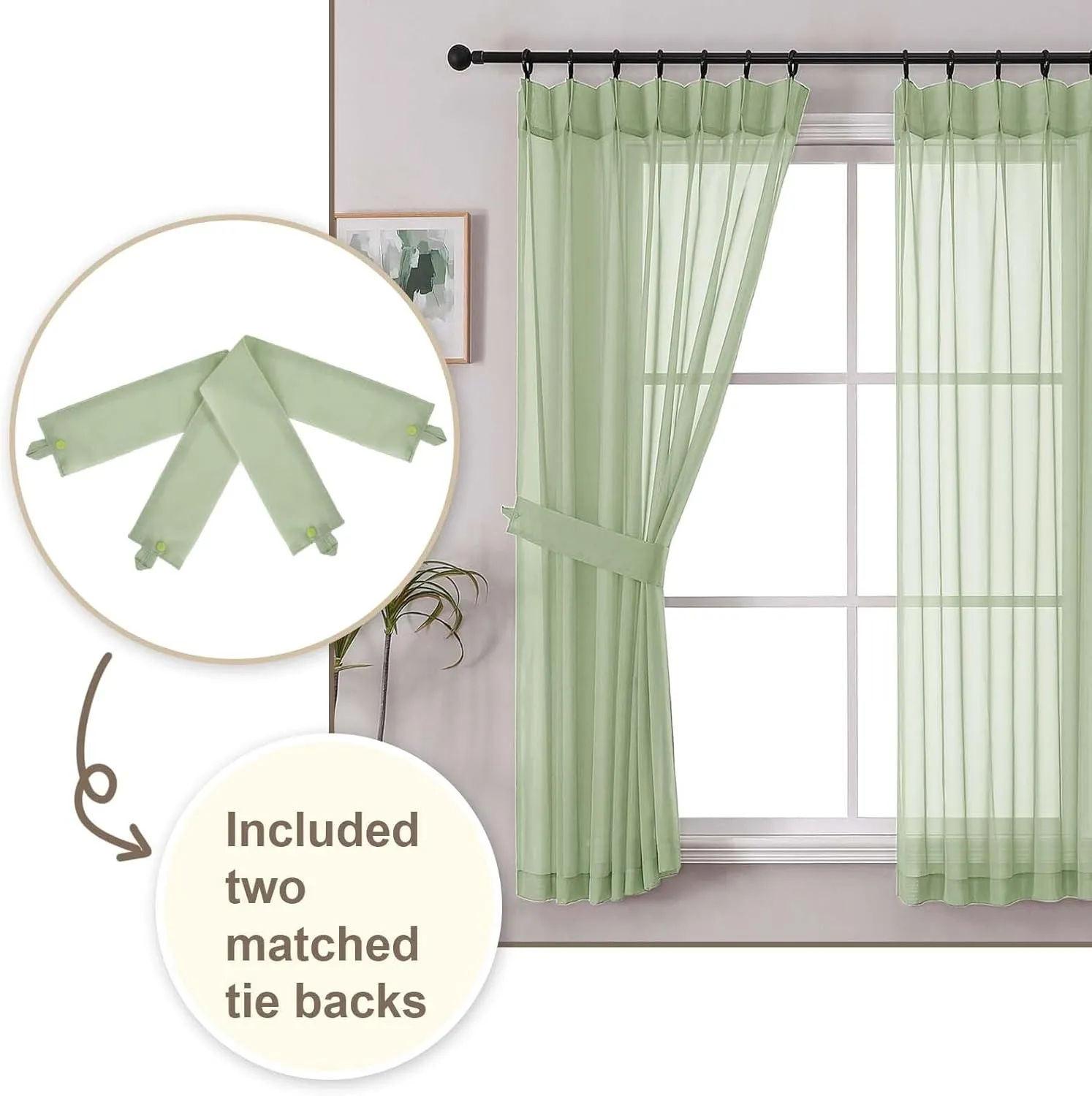 OWENIE Pinch Pleated Light Green Sheer Curtains for Bedroom Living Room 63 Inch Length 2 Panels Set, Solid Airy Light Filtering Curtains Dining Room Window Treatments, Light Green, Each 40x63 Inch