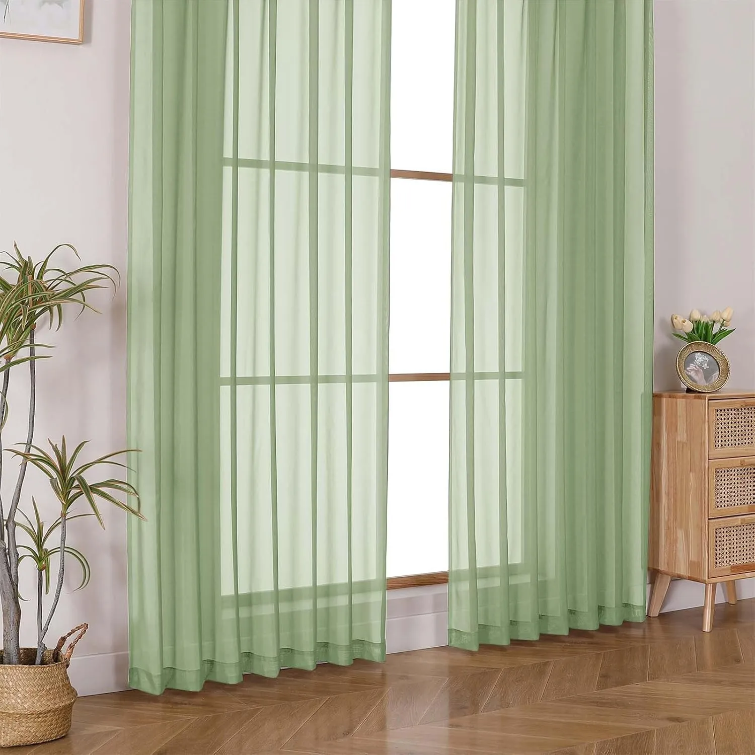OWENIE Pinch Pleated Light Green Sheer Curtains for Bedroom Living Room 63 Inch Length 2 Panels Set, Solid Airy Light Filtering Curtains Dining Room Window Treatments, Light Green, Each 40x63 Inch
