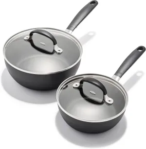 OXO Good Grips 1QT and 2QT Saucepan Pot Set with Lids, 3-Layered German Engineered Nonstick Coating, Stainless Steel Handles with Nonslip Silicone, Black