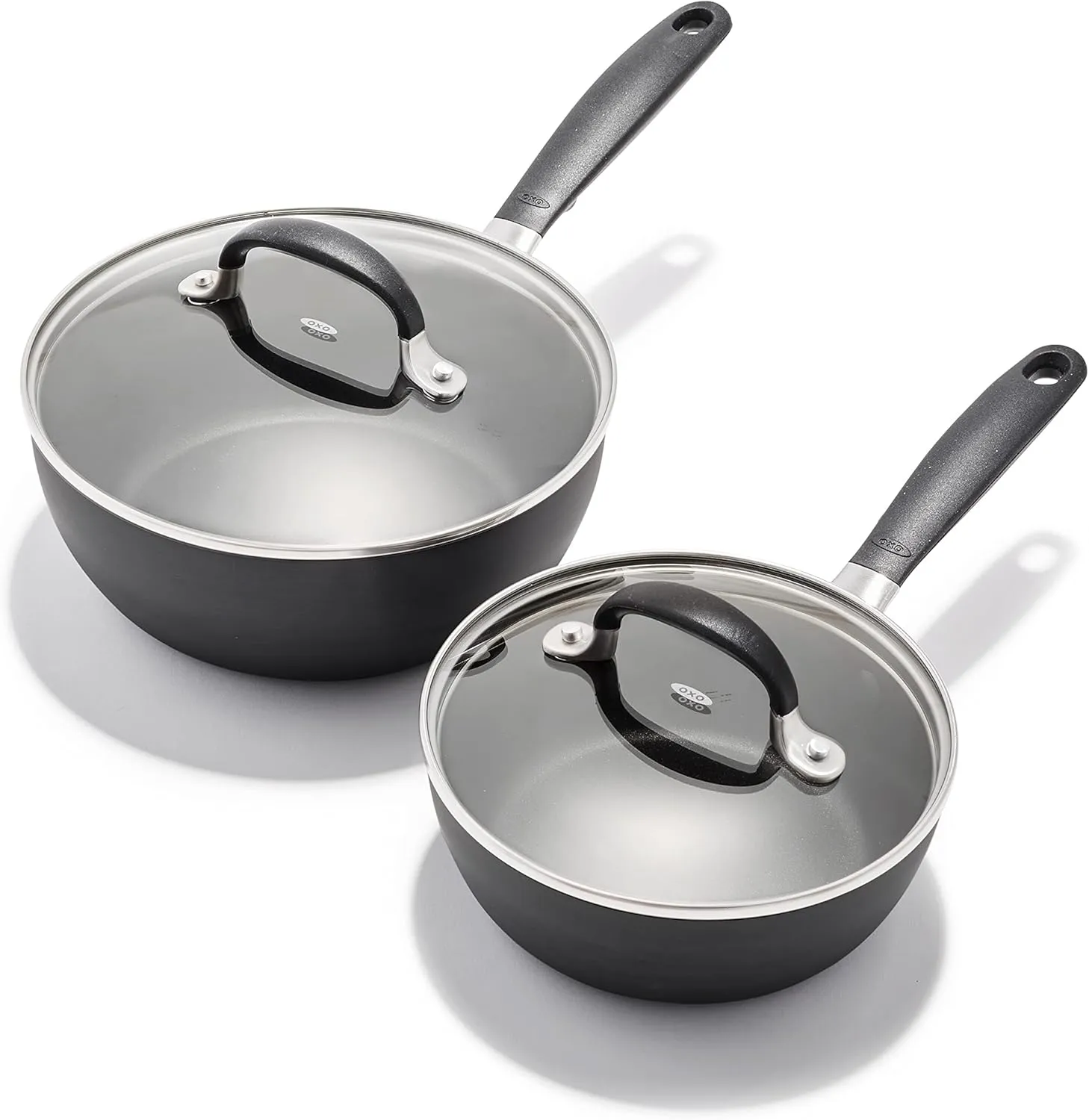 OXO Good Grips 1QT and 2QT Saucepan Pot Set with Lids, 3-Layered German Engineered Nonstick Coating, Stainless Steel Handles with Nonslip Silicone, Black