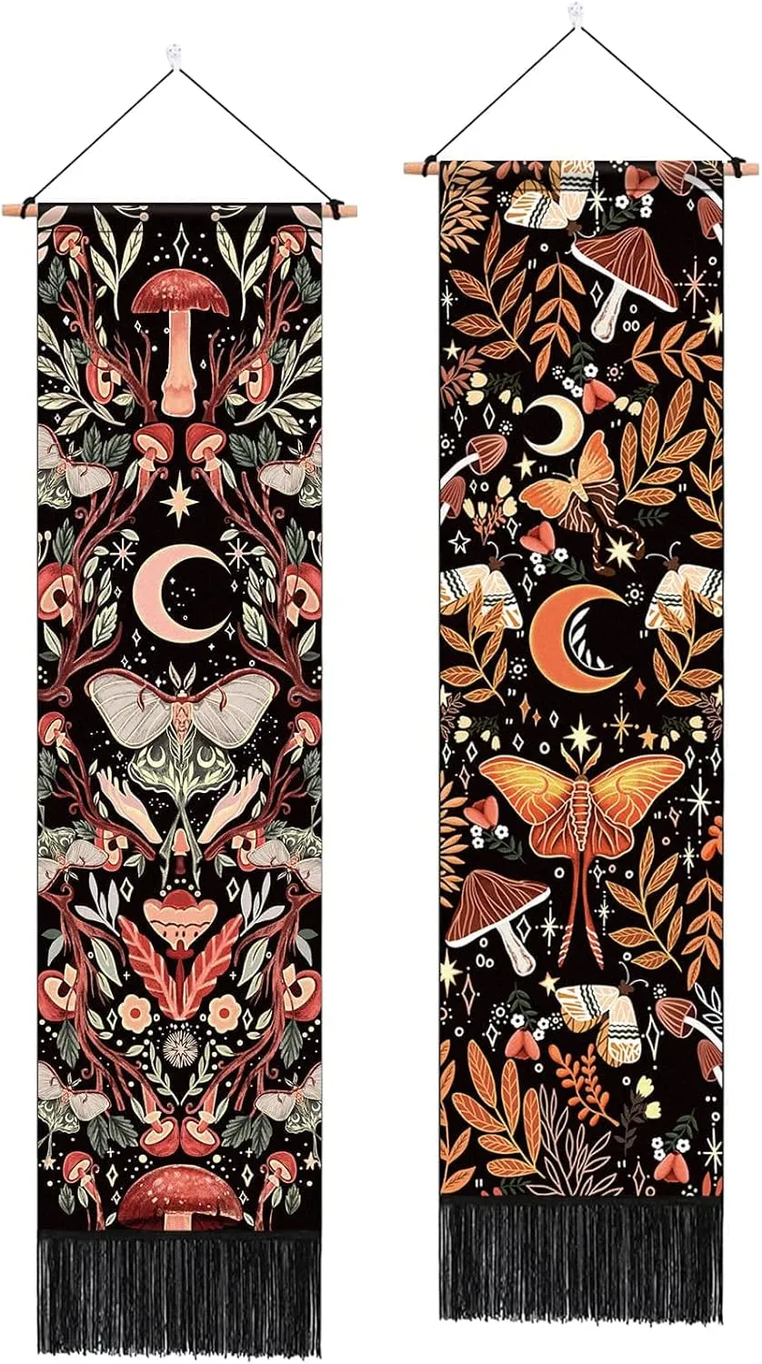 Pack of 2 Mushroom Wall Hanging Decor, Hippie Room Decor, Botanical Vertical wall Decor Moon Plant Tapestry Mystical Moth Tapestry Bohemian Tapestry Wall Hanging for Room(12.8 x 51.2 inches)