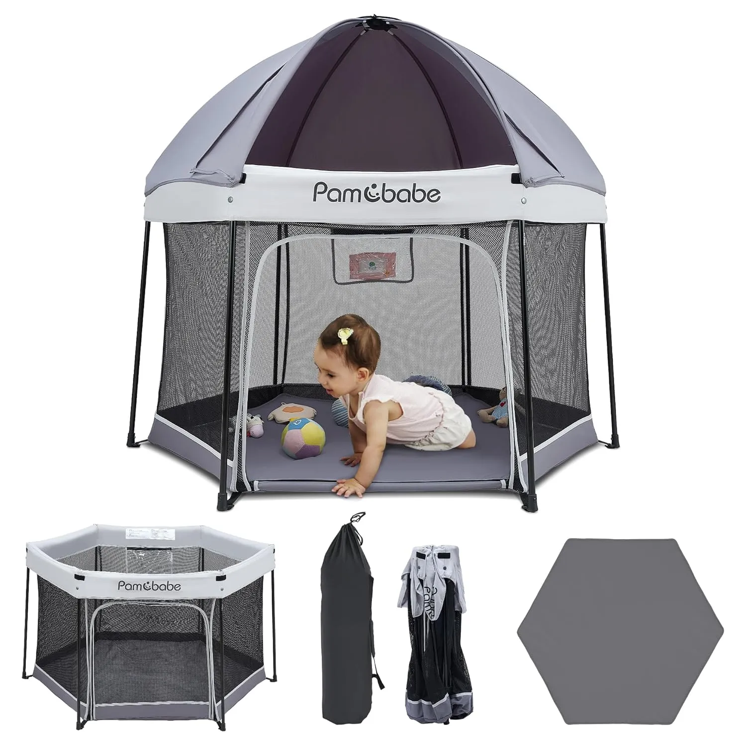 Pamo Babe Travel Playpen with Sun Protection Canopy - Play Yard for Babies and Toddlers - Baby Tent with Zipper Door