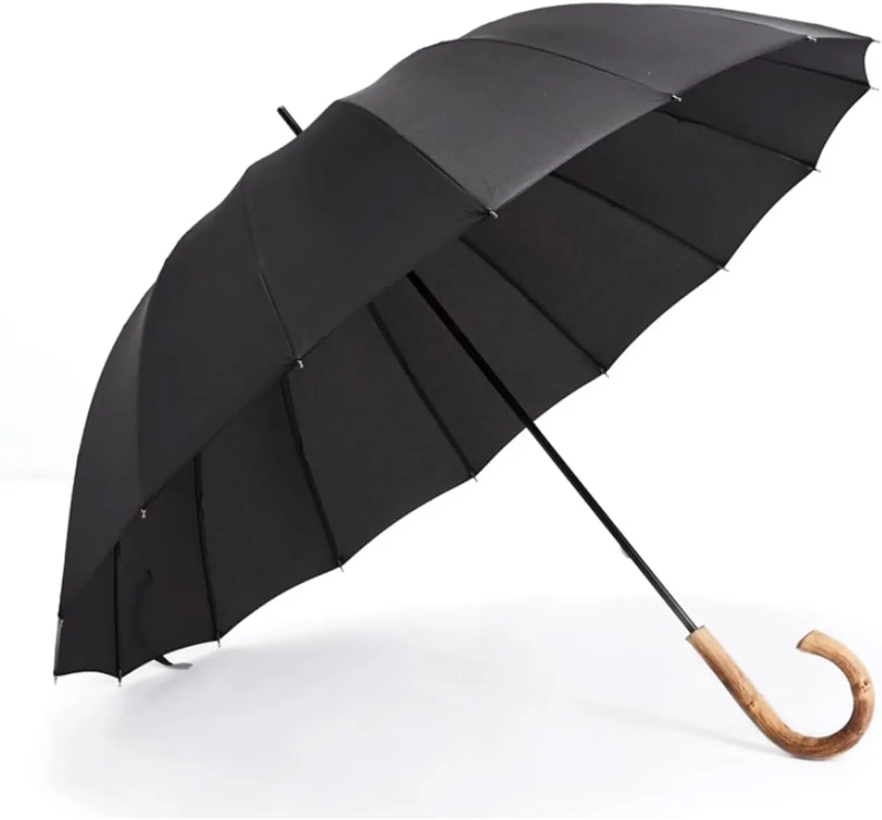 Paraguas 16 Ribs Golf Stick Umbrella w/J Wooden Handle Windproof Unbreakable Rain Umbrella Large Canopy Parasol Long Umbrella for 2 Persons Sun and Rain Proof
