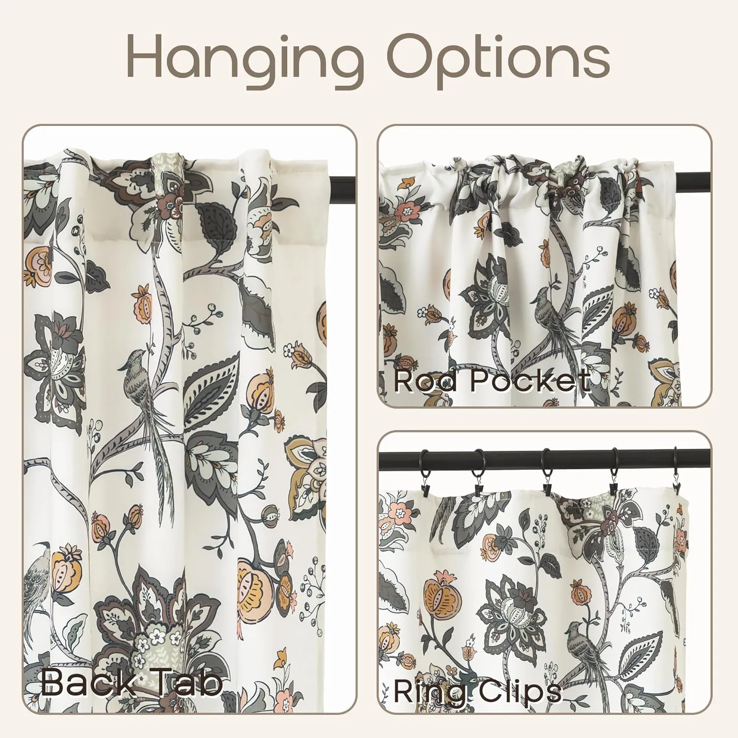 Patterned Curtains for Dining Room Living Room,Brown and Olive Green 70% Blackout Rustic Vintage Light Taupe Jacobean Floral Pattern Room Darkening Livingroom Curtains 84 Inches Long 2 Panels Set