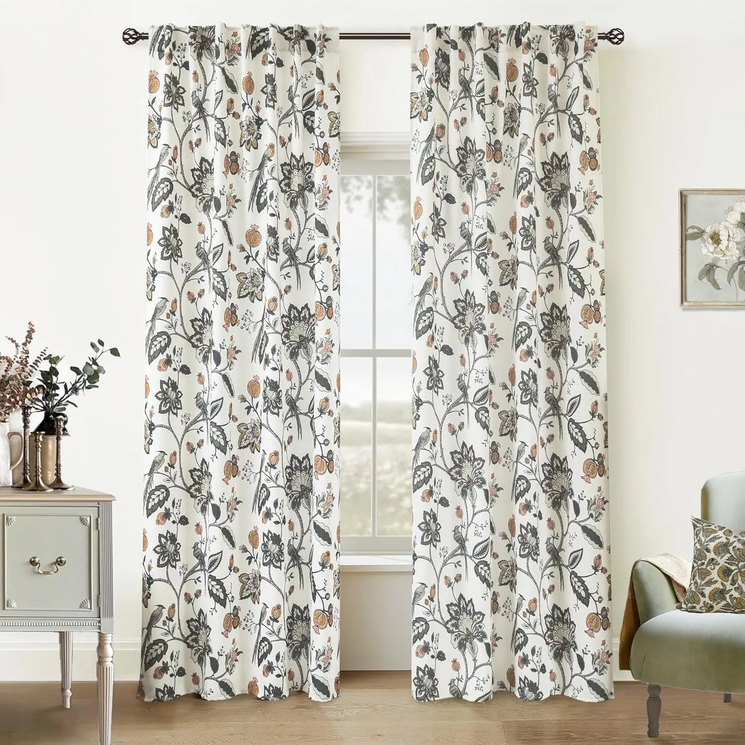 Patterned Curtains for Dining Room Living Room,Brown and Olive Green 70% Blackout Rustic Vintage Light Taupe Jacobean Floral Pattern Room Darkening Livingroom Curtains 84 Inches Long 2 Panels Set