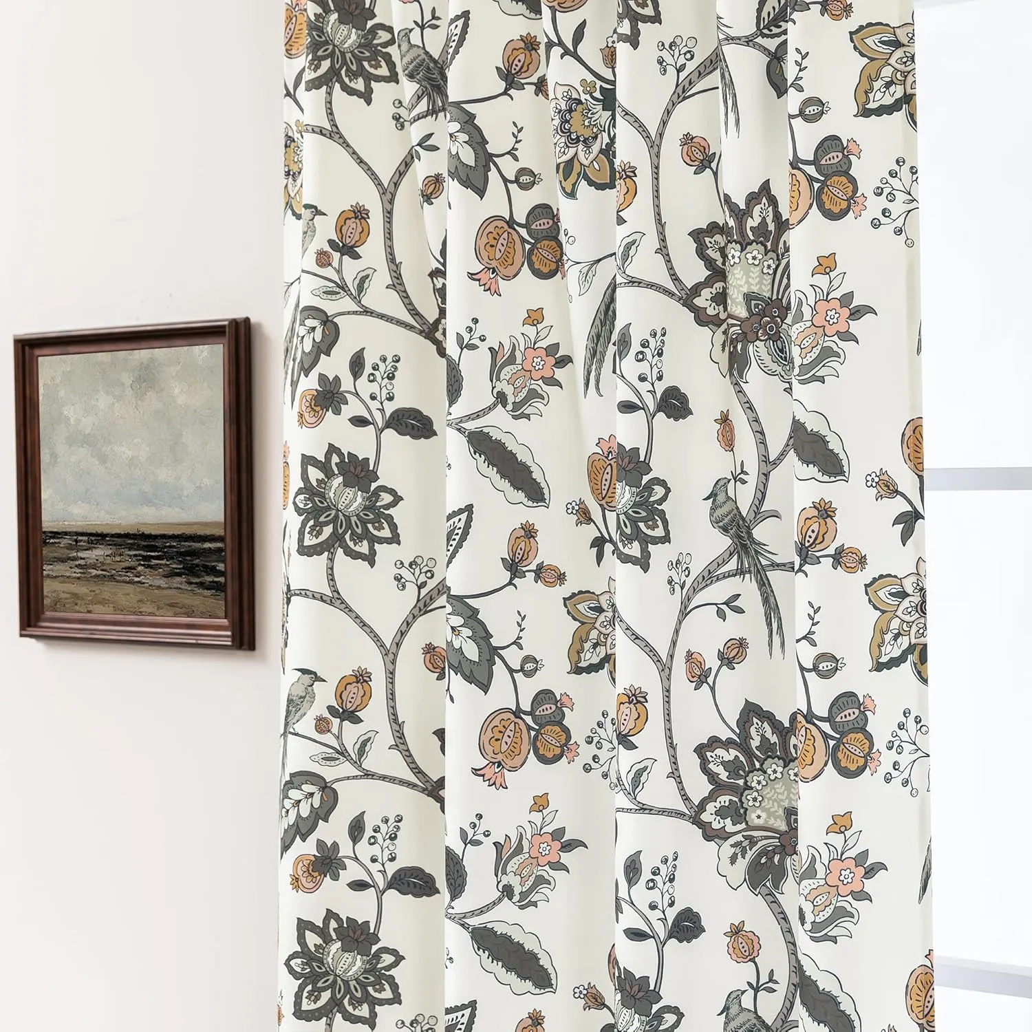 Patterned Curtains for Dining Room Living Room,Brown and Olive Green 70% Blackout Rustic Vintage Light Taupe Jacobean Floral Pattern Room Darkening Livingroom Curtains 84 Inches Long 2 Panels Set