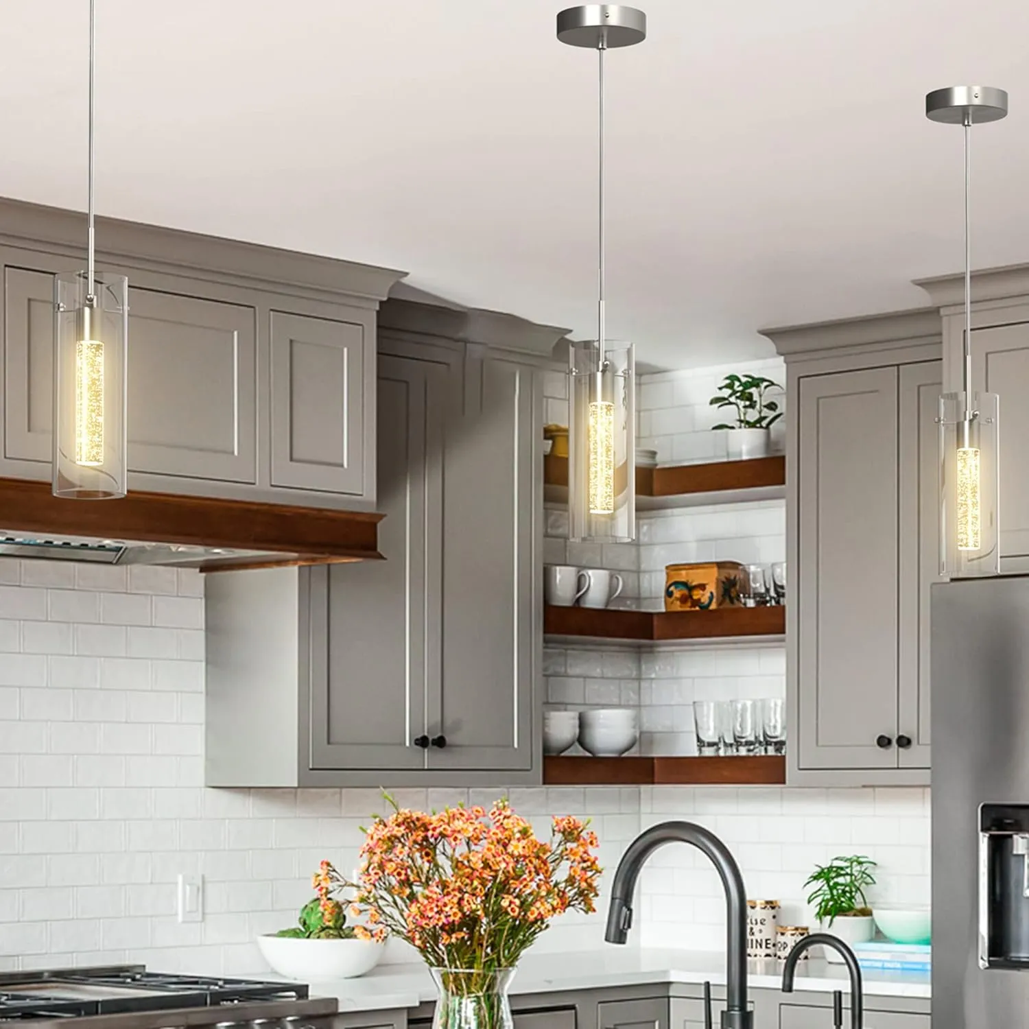 Pendant Ceiling Light Fixture - LED Crystal Pendant Lights for Kitchen Island, Modern Island Light with Bubble Glass - 3 Pack