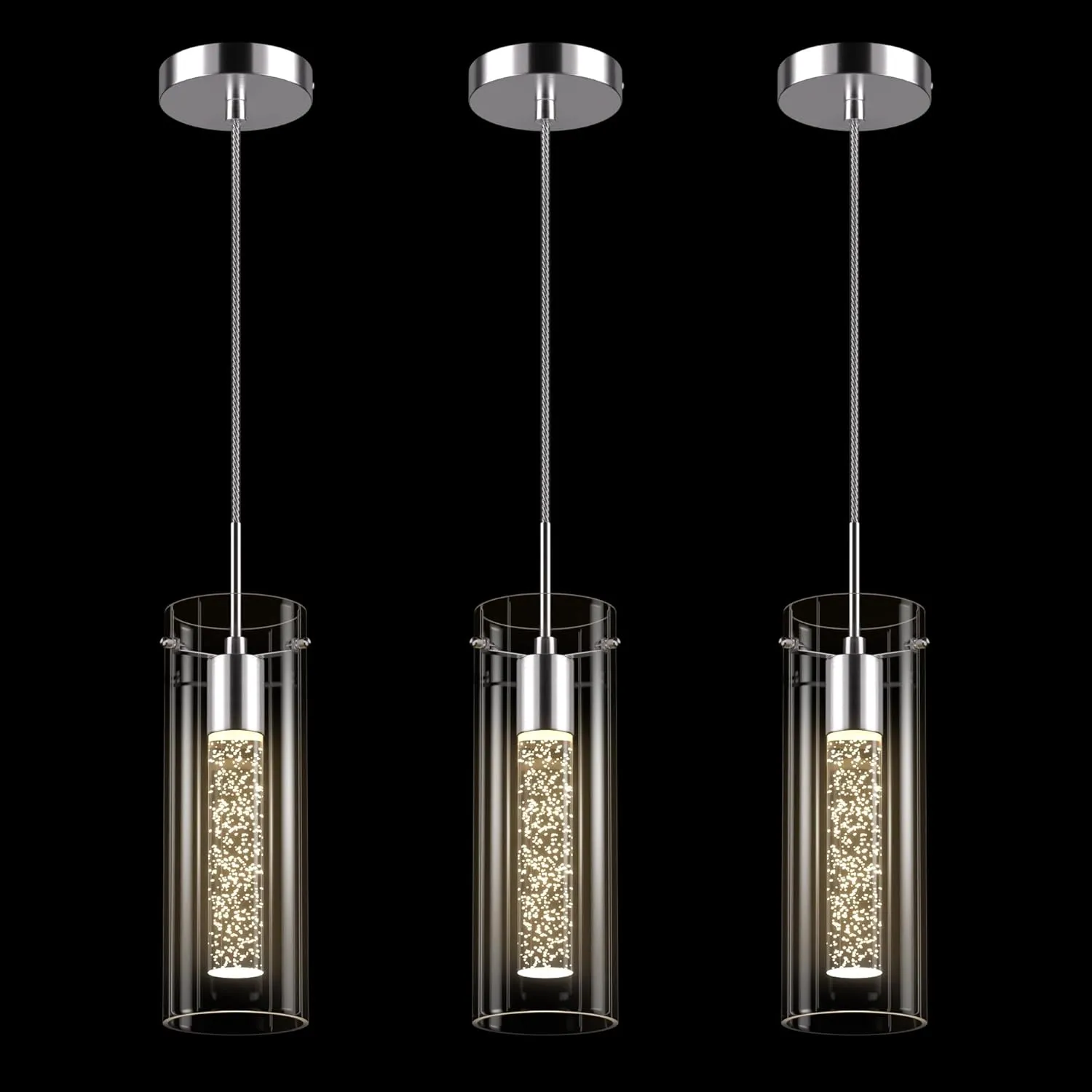 Pendant Ceiling Light Fixture - LED Crystal Pendant Lights for Kitchen Island, Modern Island Light with Bubble Glass - 3 Pack