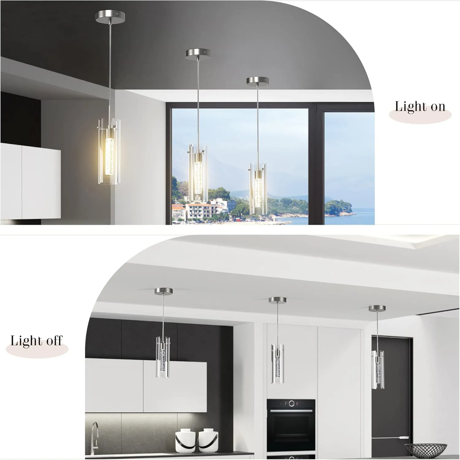 Pendant Ceiling Light Fixture - LED Crystal Pendant Lights for Kitchen Island, Modern Island Light with Bubble Glass - 3 Pack