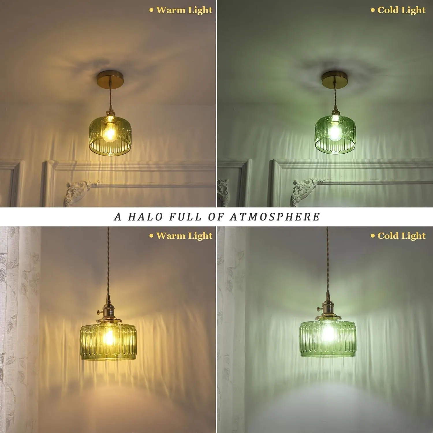 Pendant Light 2 Pack with Green Striped Glass Lmapshade, Brass Vintage Pendant Light Adjustable Hanging Light for Kitchen Island Dining Room Hallway