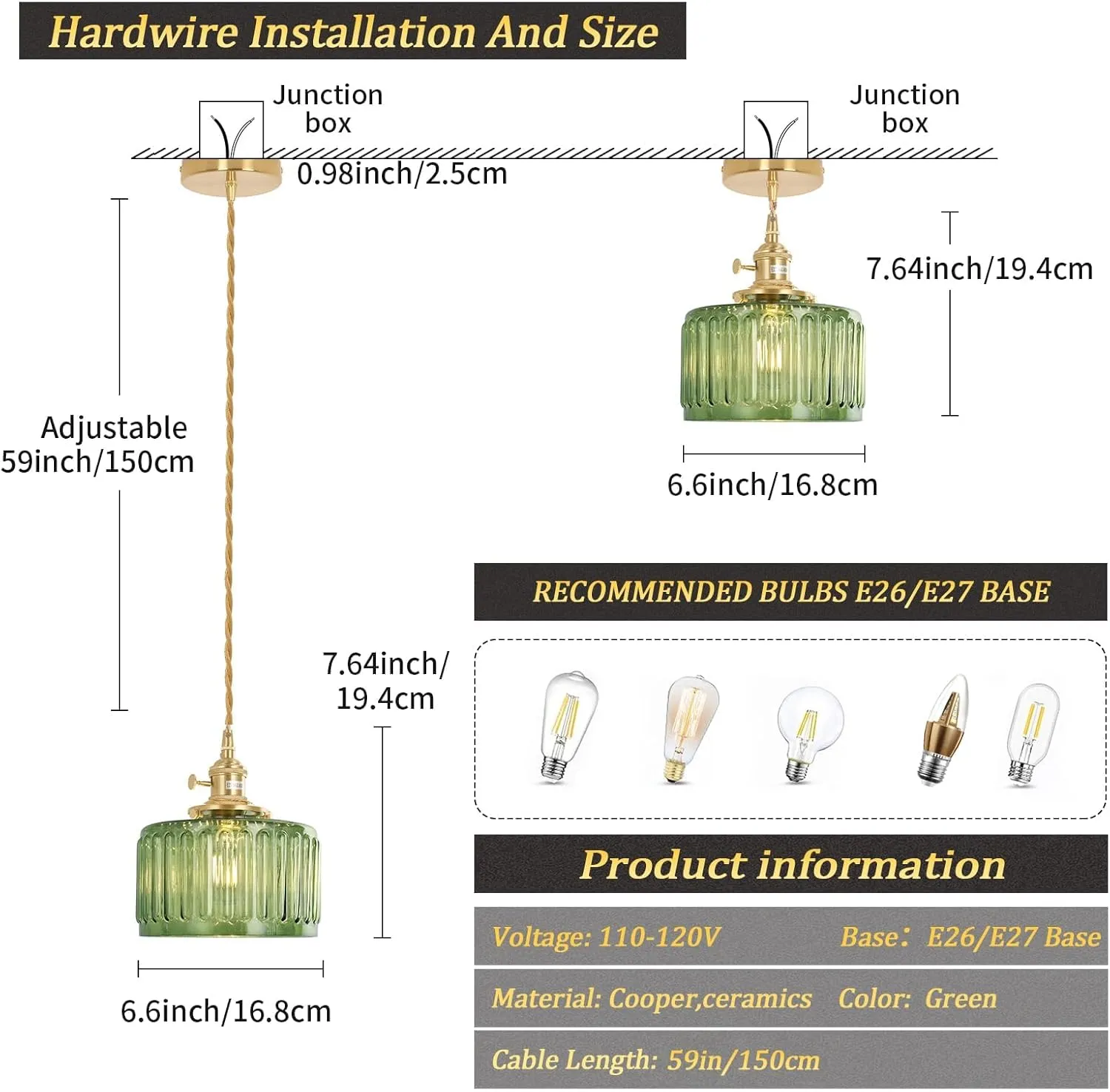 Pendant Light 2 Pack with Green Striped Glass Lmapshade, Brass Vintage Pendant Light Adjustable Hanging Light for Kitchen Island Dining Room Hallway