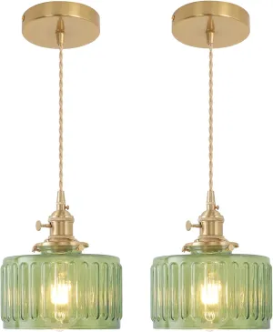 Pendant Light 2 Pack with Green Striped Glass Lmapshade, Brass Vintage Pendant Light Adjustable Hanging Light for Kitchen Island Dining Room Hallway