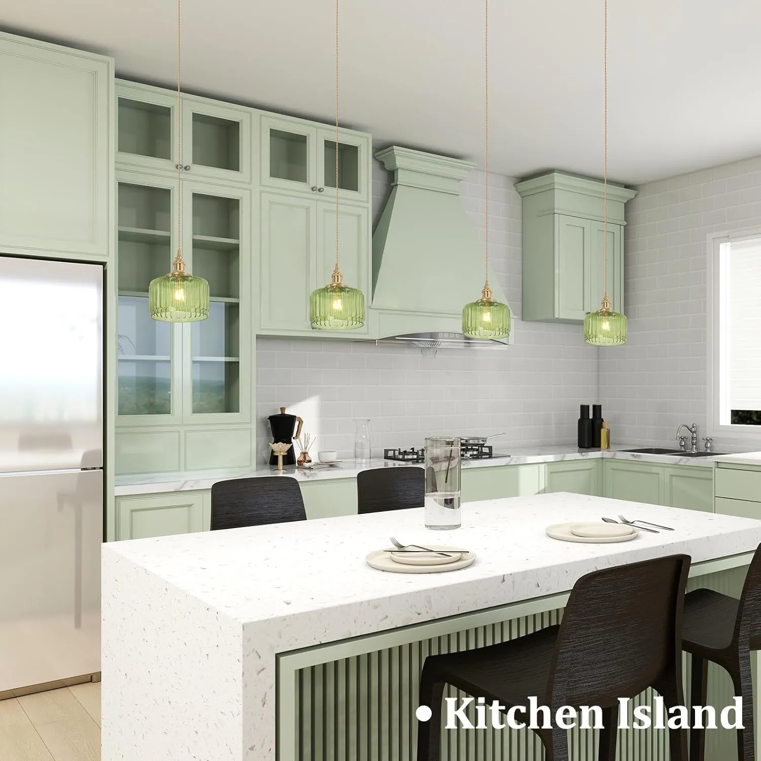 Pendant Light 2 Pack with Green Striped Glass Lmapshade, Brass Vintage Pendant Light Adjustable Hanging Light for Kitchen Island Dining Room Hallway