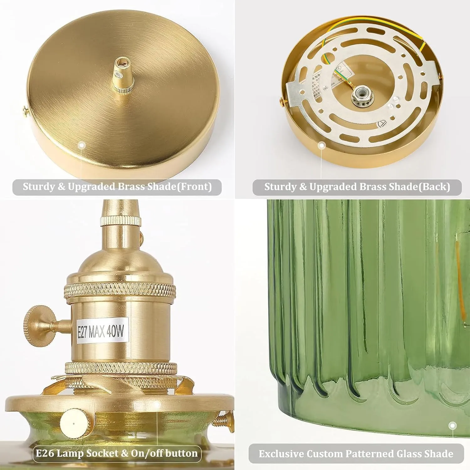 Pendant Light 2 Pack with Green Striped Glass Lmapshade, Brass Vintage Pendant Light Adjustable Hanging Light for Kitchen Island Dining Room Hallway