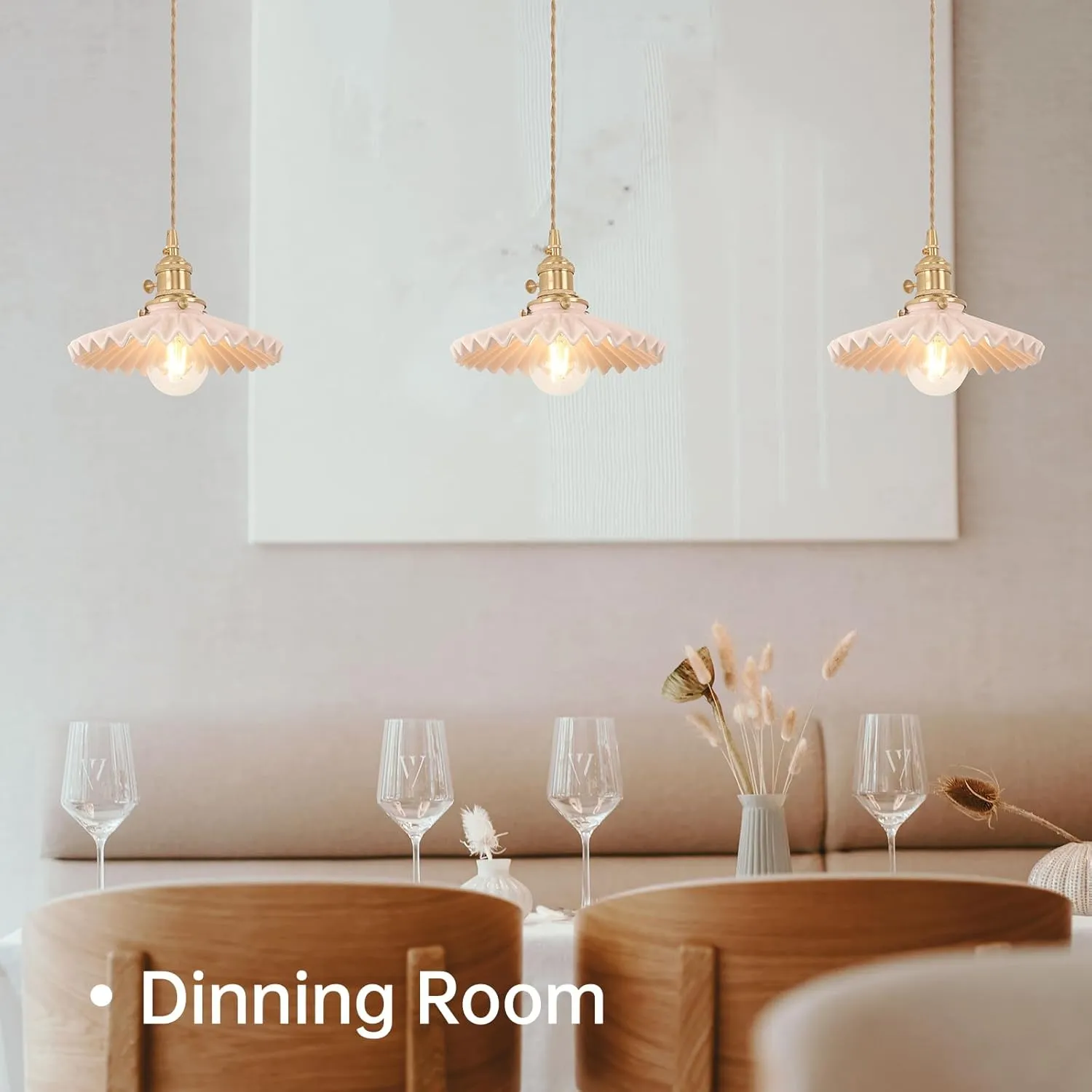 Pendant Light 2 Pack with Pink Pleated Ceramic Lmapshade, Brass Vintage Pendant Light Adjustable Hanging Light for Kitchen Island Dining Room Hallway