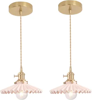 Pendant Light 2 Pack with Pink Pleated Ceramic Lmapshade, Brass Vintage Pendant Light Adjustable Hanging Light for Kitchen Island Dining Room Hallway