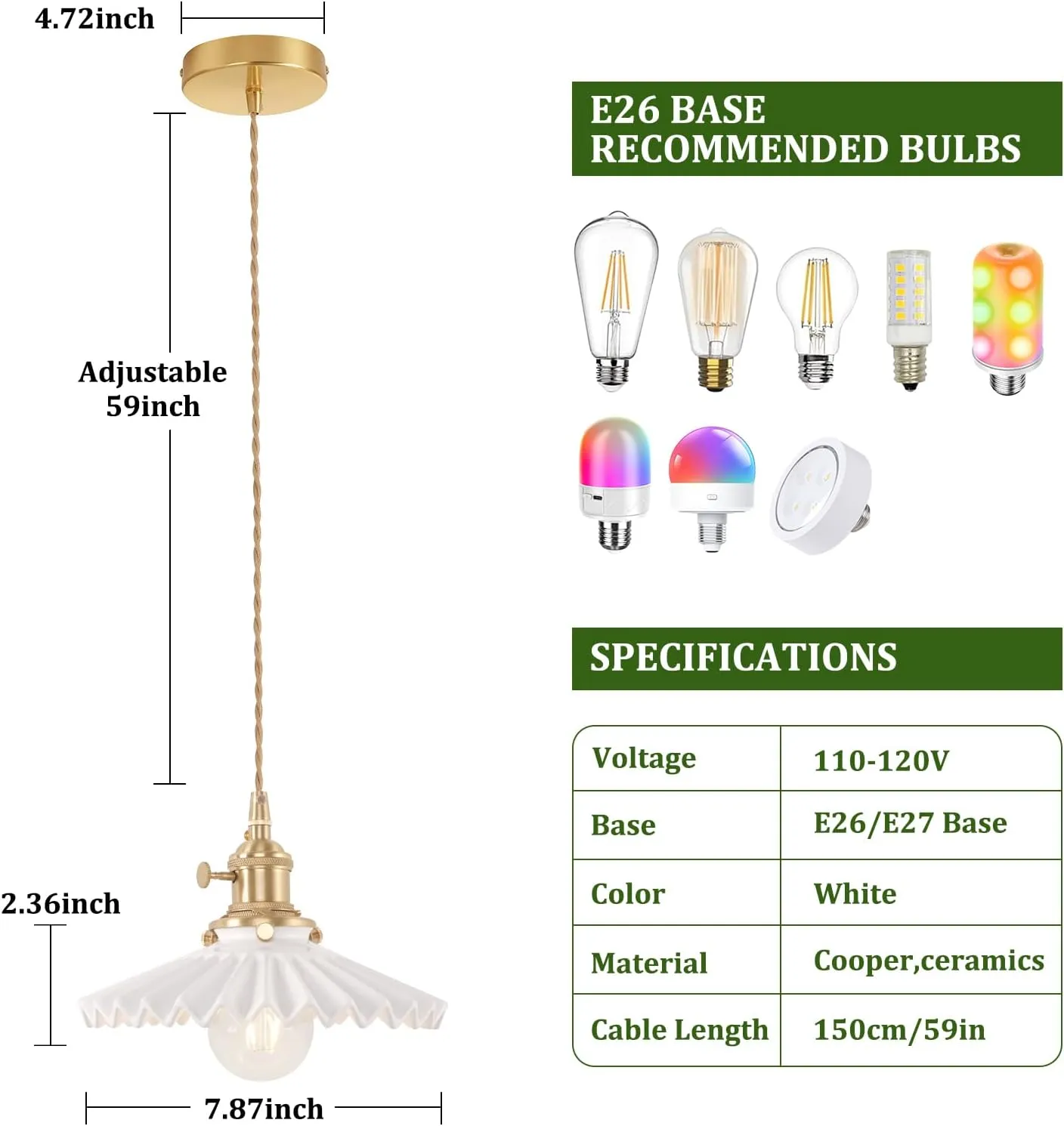 Pendant Light 2 Pack with White Pleated Ceramic Lmapshade, Brass Vintage Pendant Light Adjustable Hanging Light for Kitchen Island Dining Room Hallway