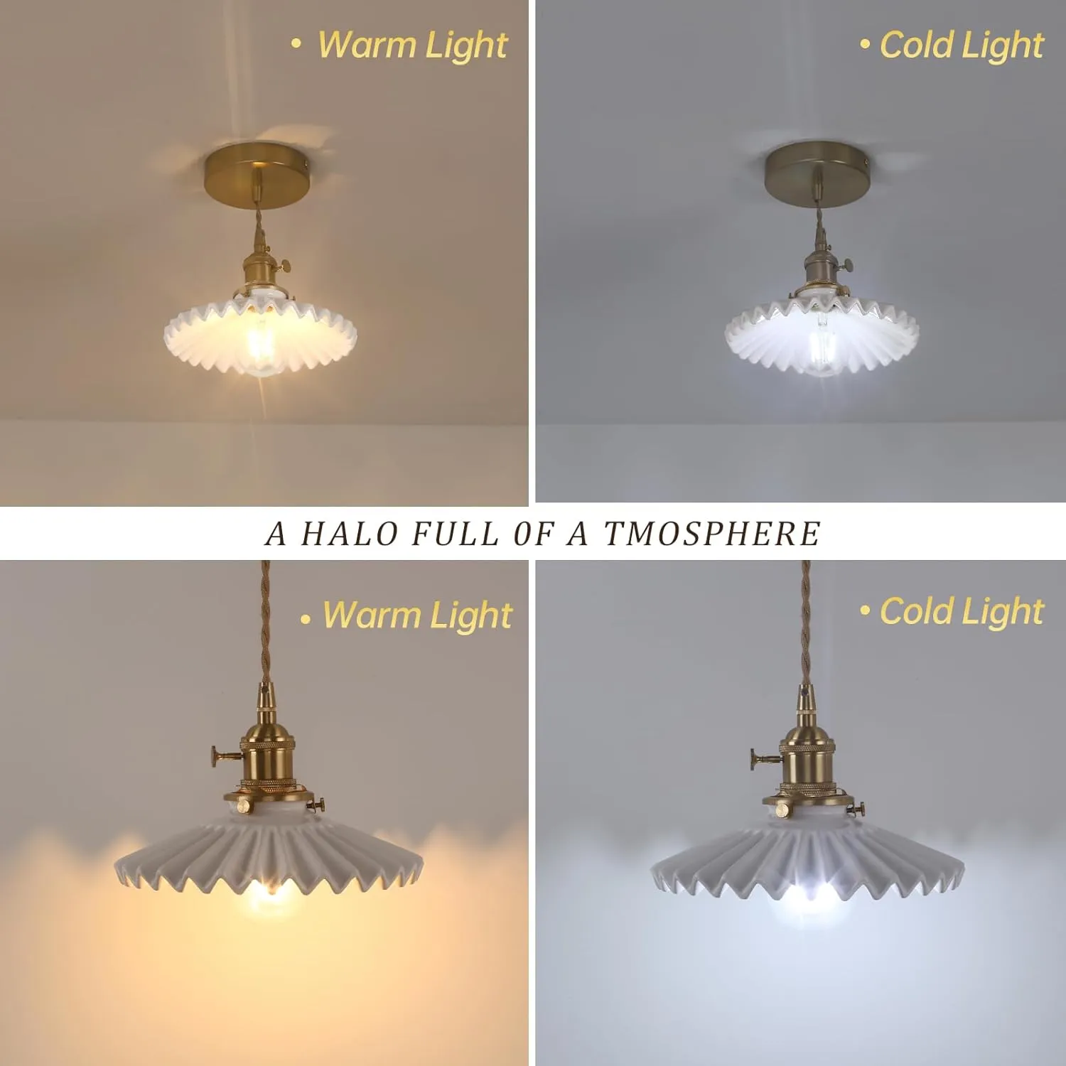 Pendant Light 2 Pack with White Pleated Ceramic Lmapshade, Brass Vintage Pendant Light Adjustable Hanging Light for Kitchen Island Dining Room Hallway