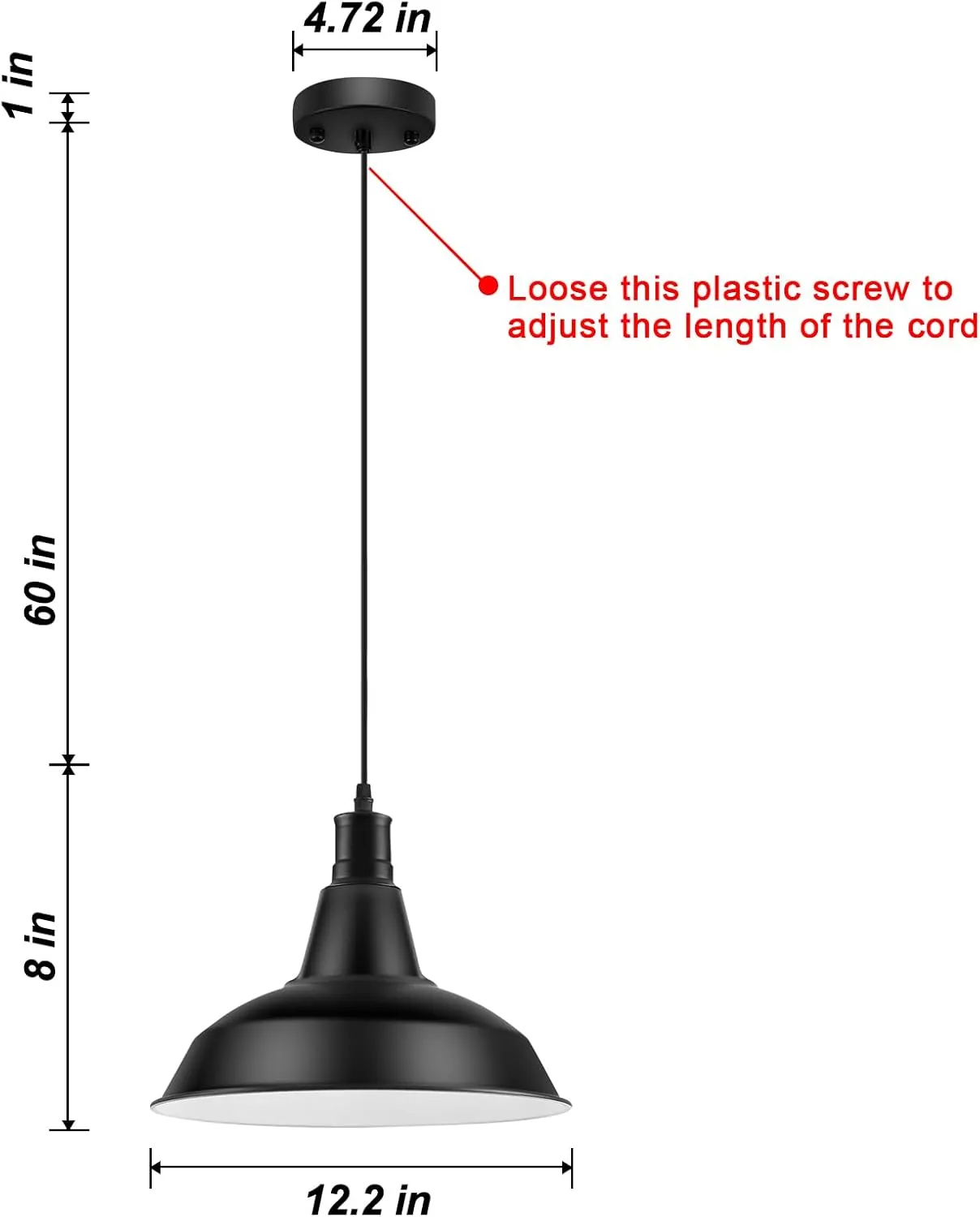 Pendant Light Fixtures, Vintage Farmhouse Hanging Lighting Fixture with Metal Shade, Industrial Barn Lights for Hallway, Kitchen Island, Sink, Dining Room, Living Room, Black, 12.2in