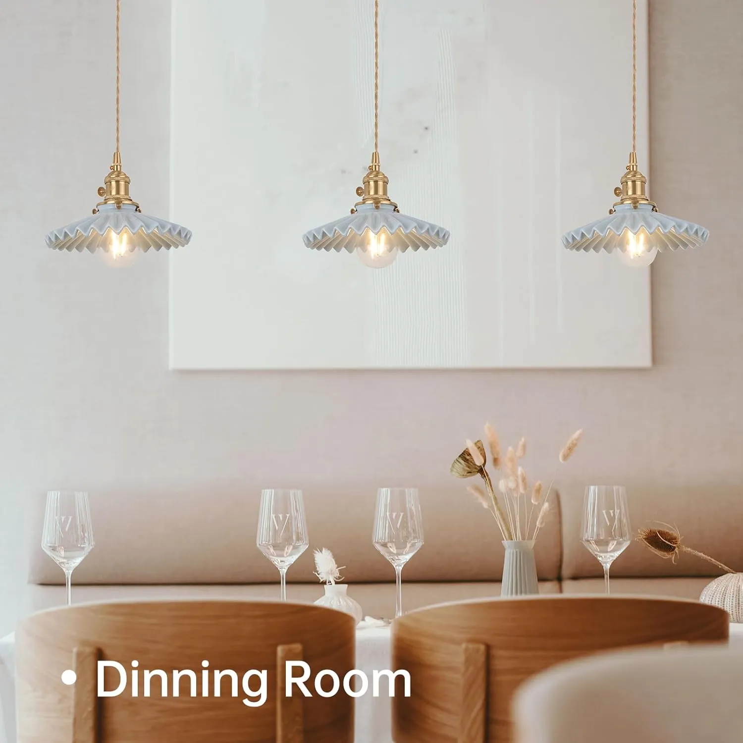 Pendant Light with Blue Pleated Ceramic Lmapshade, Brass Vintage Pendant Light Adjustable Hanging Light for Kitchen Island Dining Room Hallway