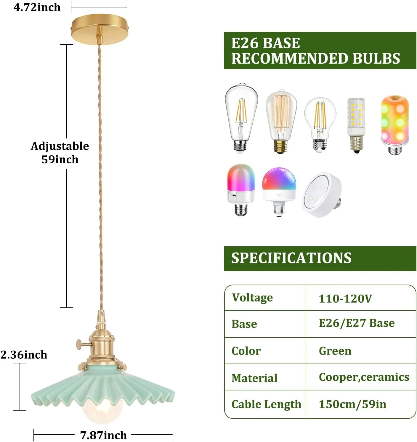 Pendant Light with Green Pleated Ceramic Lmapshade, Brass Vintage Pendant Light Adjustable Hanging Light for Kitchen Island Dining Room Hallway