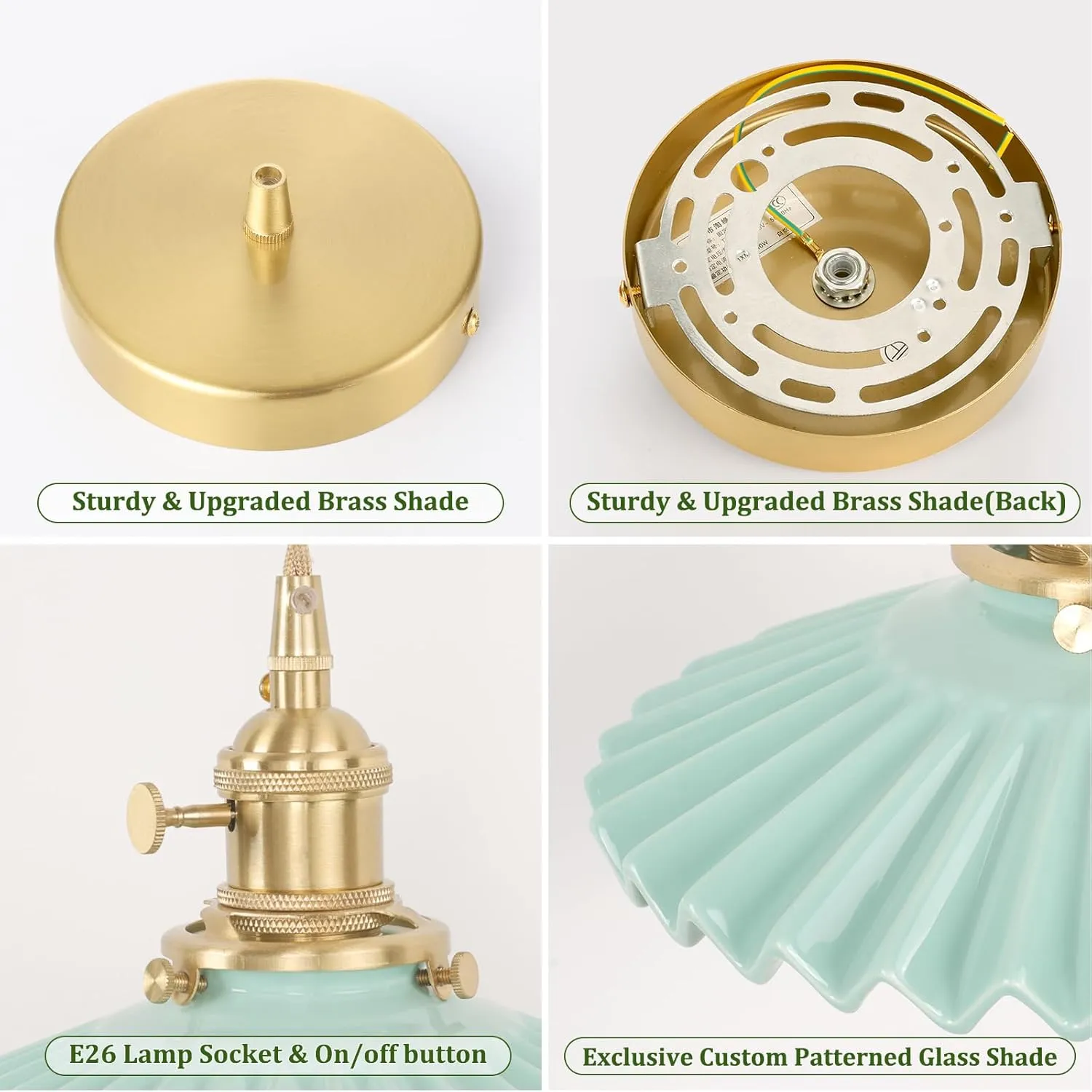 Pendant Light with Green Pleated Ceramic Lmapshade, Brass Vintage Pendant Light Adjustable Hanging Light for Kitchen Island Dining Room Hallway