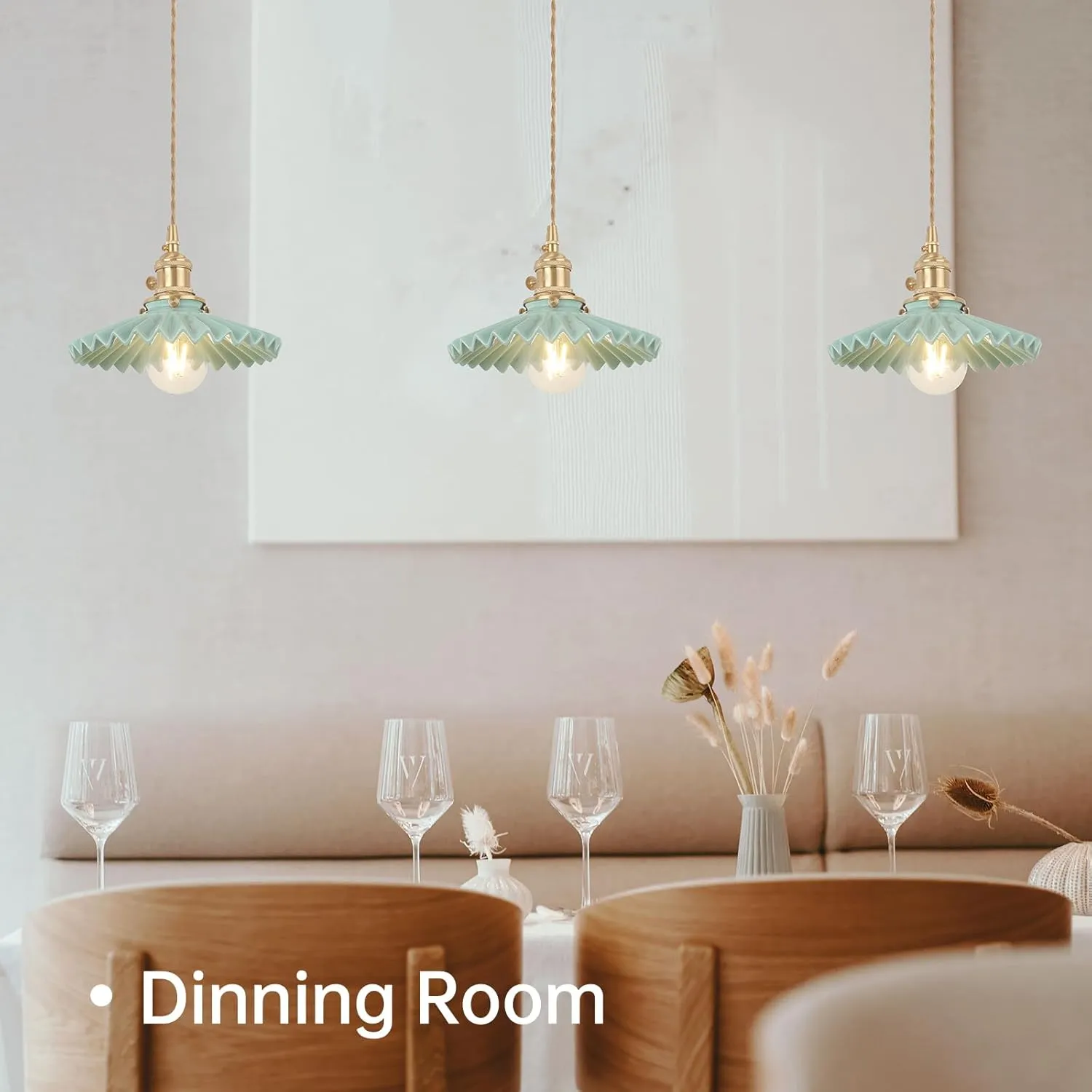 Pendant Light with Green Pleated Ceramic Lmapshade, Brass Vintage Pendant Light Adjustable Hanging Light for Kitchen Island Dining Room Hallway
