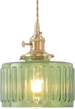 Pendant Light with Green Striped Glass Lmapshade, Brass Vintage Pendant Light Adjustable Hanging Light for Kitchen Island Dining Room Hallway