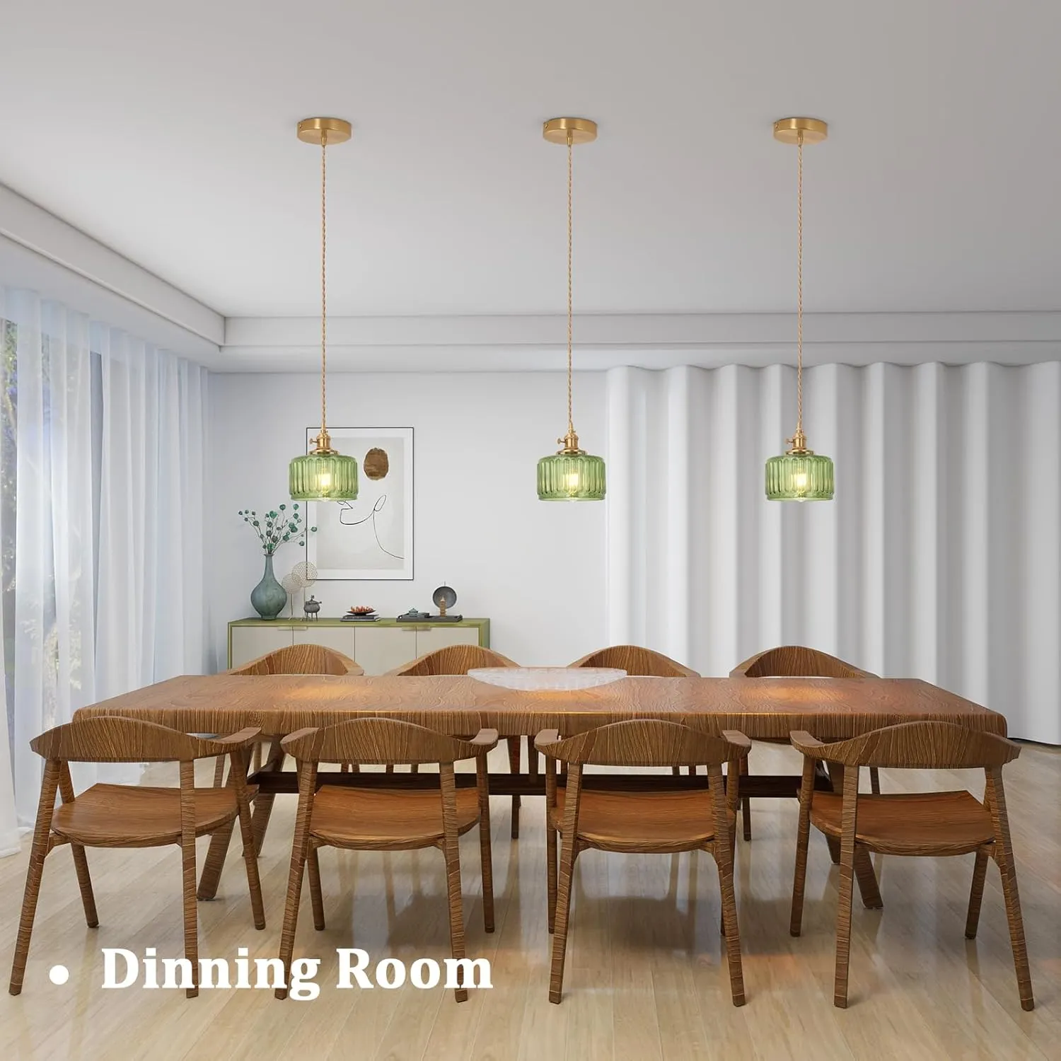 Pendant Light with Green Striped Glass Lmapshade, Brass Vintage Pendant Light Adjustable Hanging Light for Kitchen Island Dining Room Hallway
