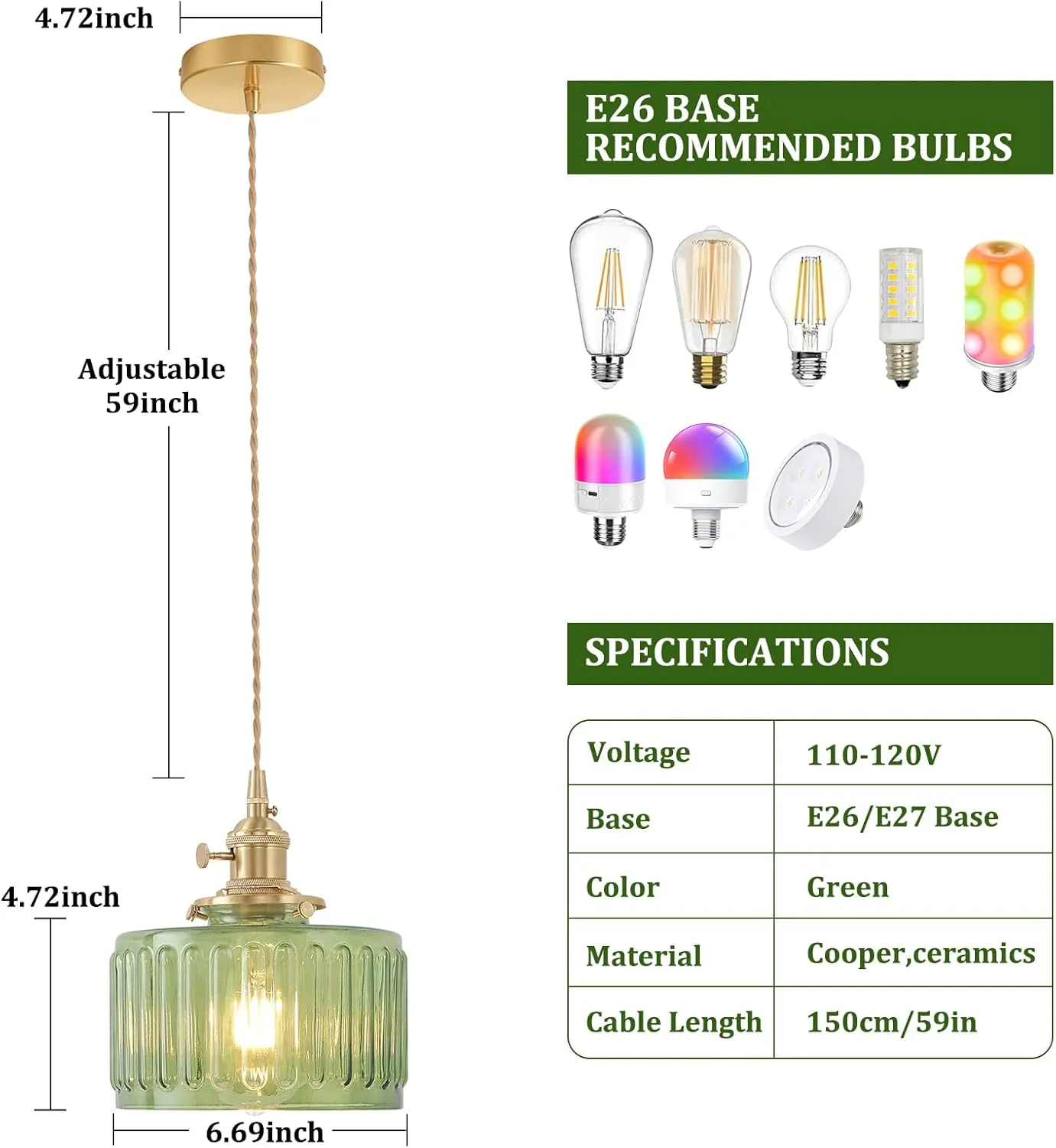 Pendant Light with Green Striped Glass Lmapshade, Brass Vintage Pendant Light Adjustable Hanging Light for Kitchen Island Dining Room Hallway