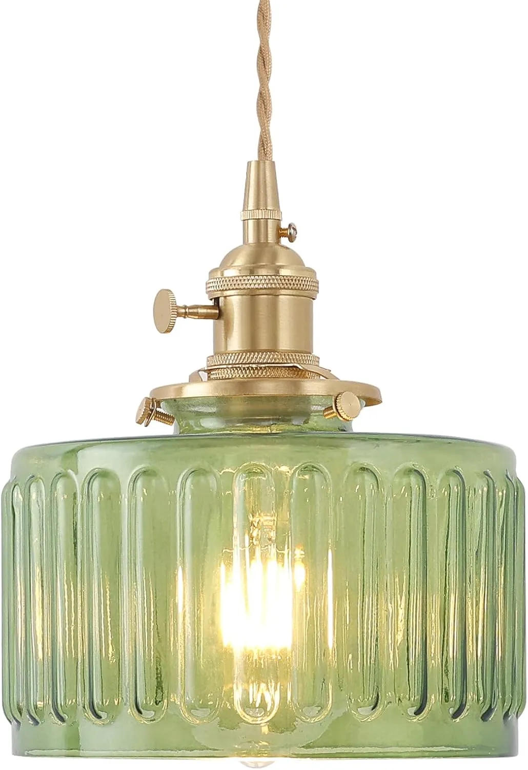 Pendant Light with Green Striped Glass Lmapshade, Brass Vintage Pendant Light Adjustable Hanging Light for Kitchen Island Dining Room Hallway