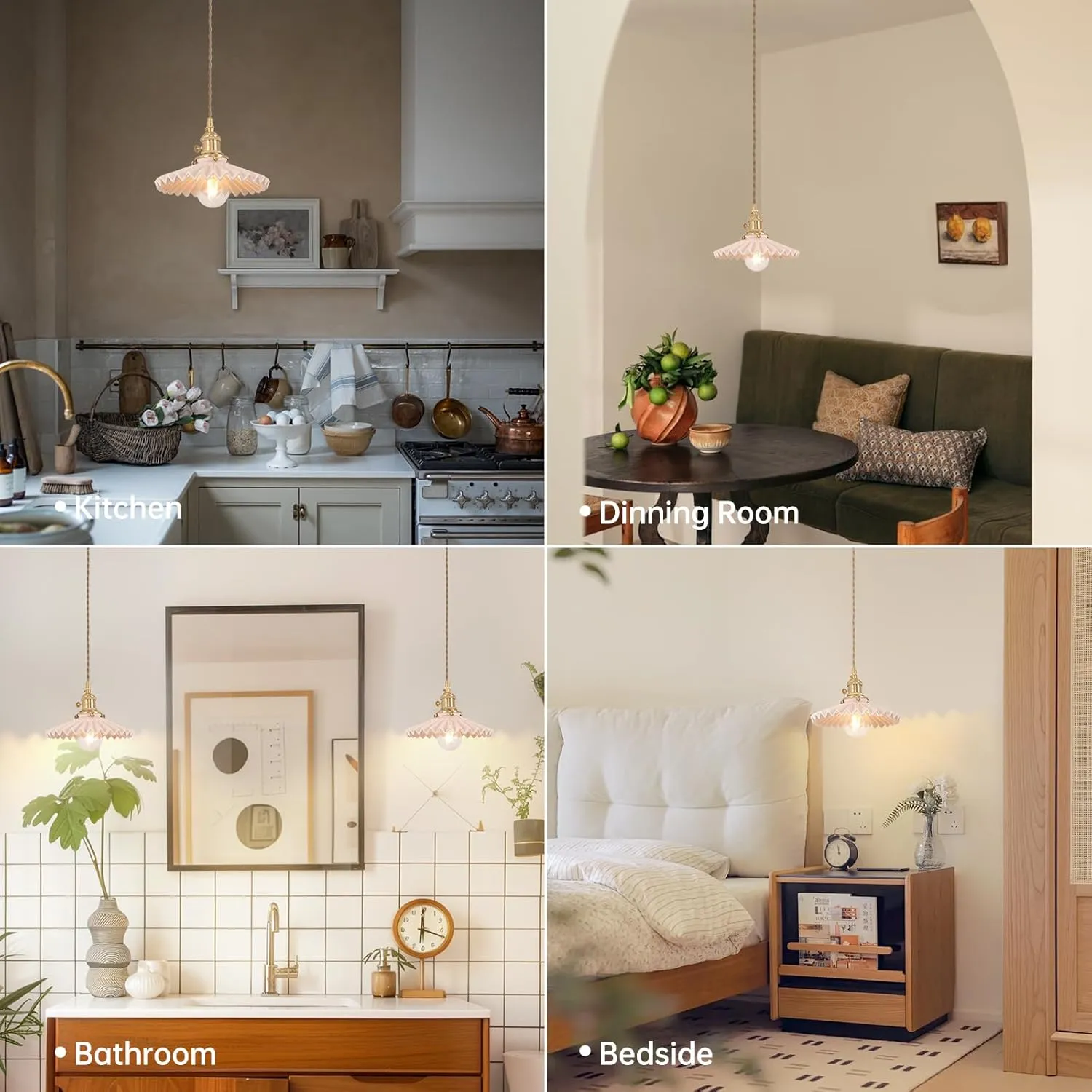 Pendant Light with Pink Pleated Ceramic Lmapshade, Brass Vintage Pendant Light Adjustable Hanging Light for Kitchen Island Dining Room Hallway