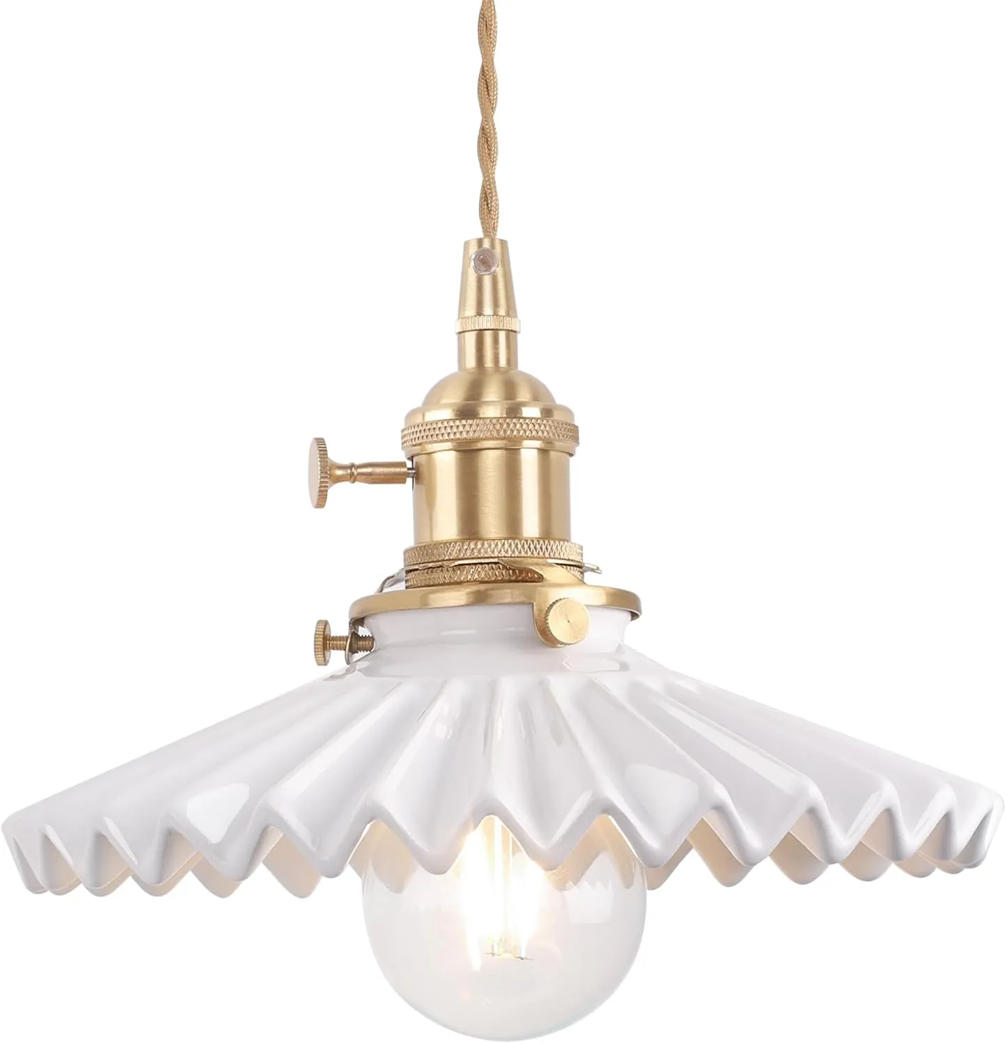 Pendant Light with White Pleated Ceramic Lmapshade, Brass Vintage Pendant Light Adjustable Hanging Light for Kitchen Island Dining Room Hallway