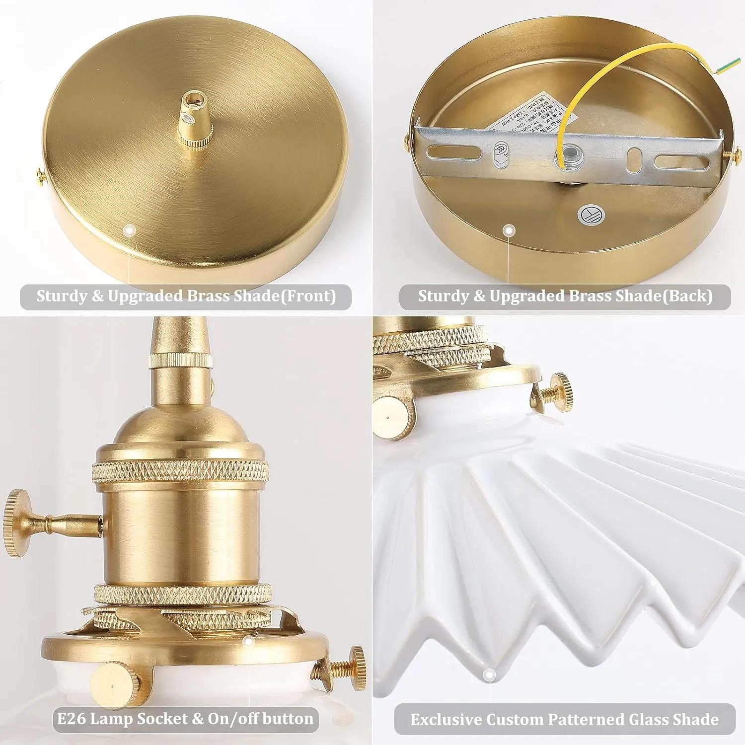 Pendant Light with White Pleated Ceramic Lmapshade, Brass Vintage Pendant Light Adjustable Hanging Light for Kitchen Island Dining Room Hallway