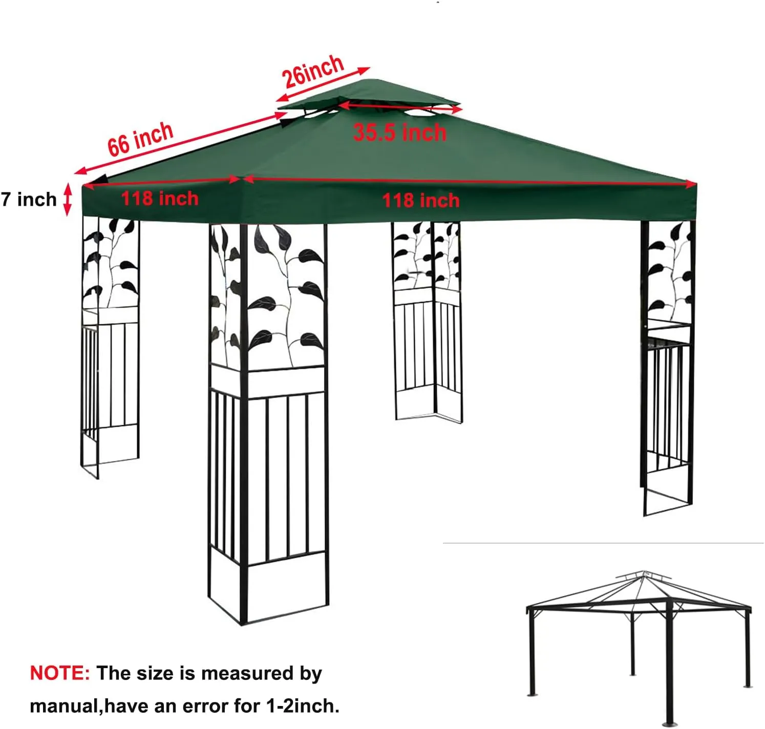 perixir Gazebo Canopy Top Replacement Cover 117"x117", 2-Tiers，for Smaller 10'x10' Dual-Tier Gazebo Canopy, Water, Dirt, and UV Resistant Canopy Replacement Cover(Green)