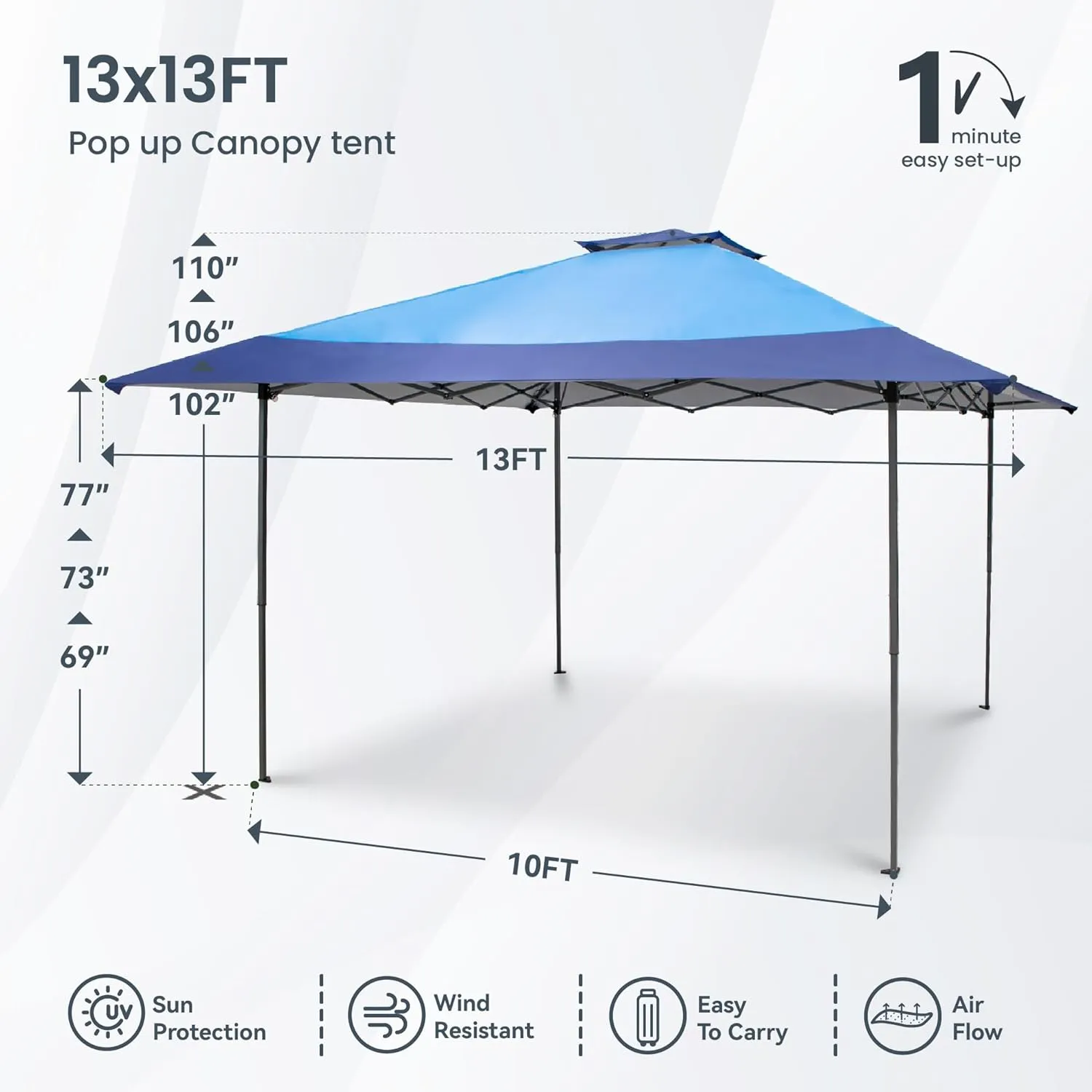 PHI VILLA 13x13Ft Pop Up Canopy Tent Single Person Set-up Instant Folding Shelter 169 Square Feet Large Outdoor Sun Protection Shade, Blue