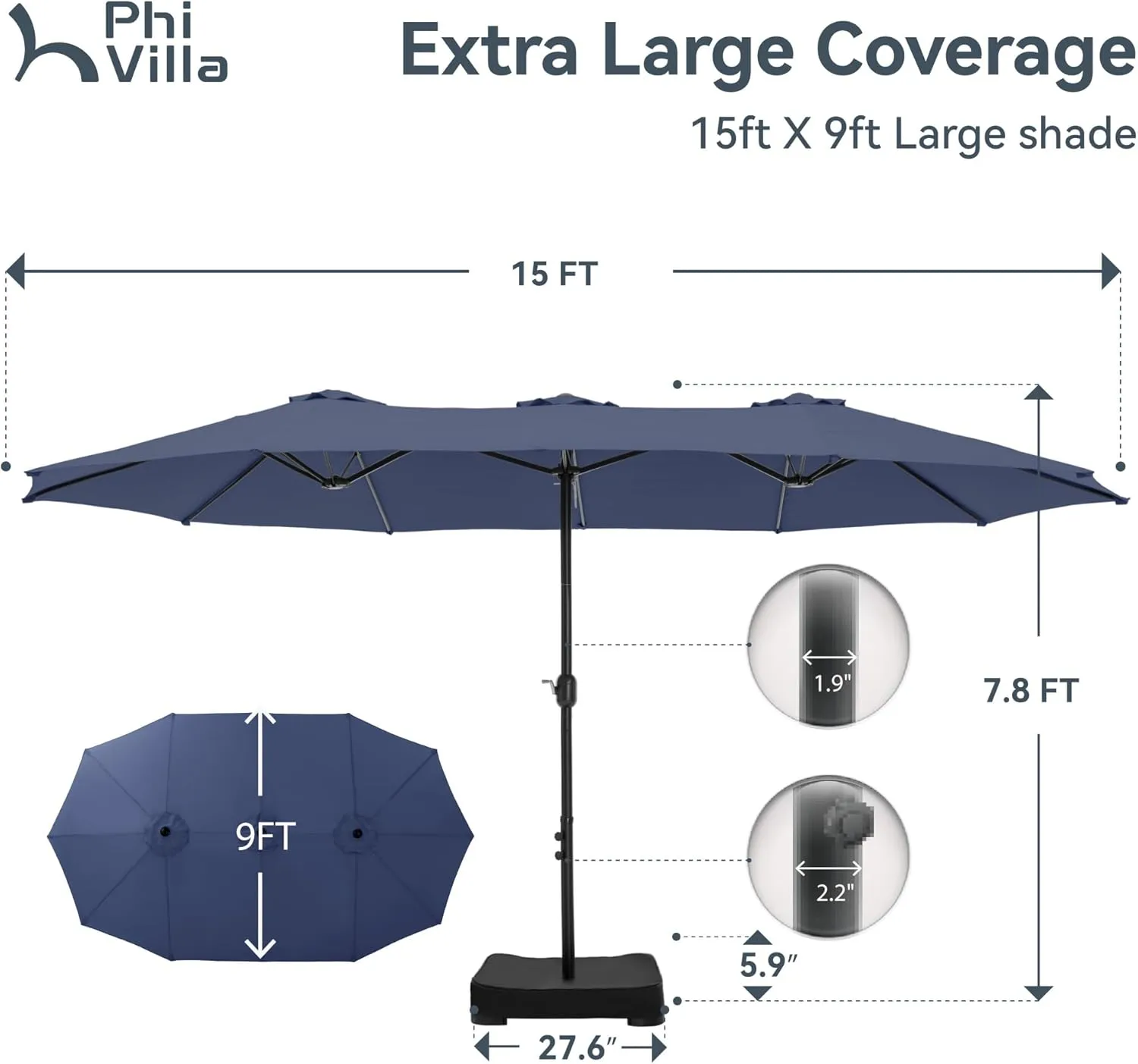 PHI VILLA 15ft Large Patio Umbrellas with Base Included, Outdoor Double-Sided Rectangle Market Umbrella with Crank Handle, for Pool Lawn Garden, Blue