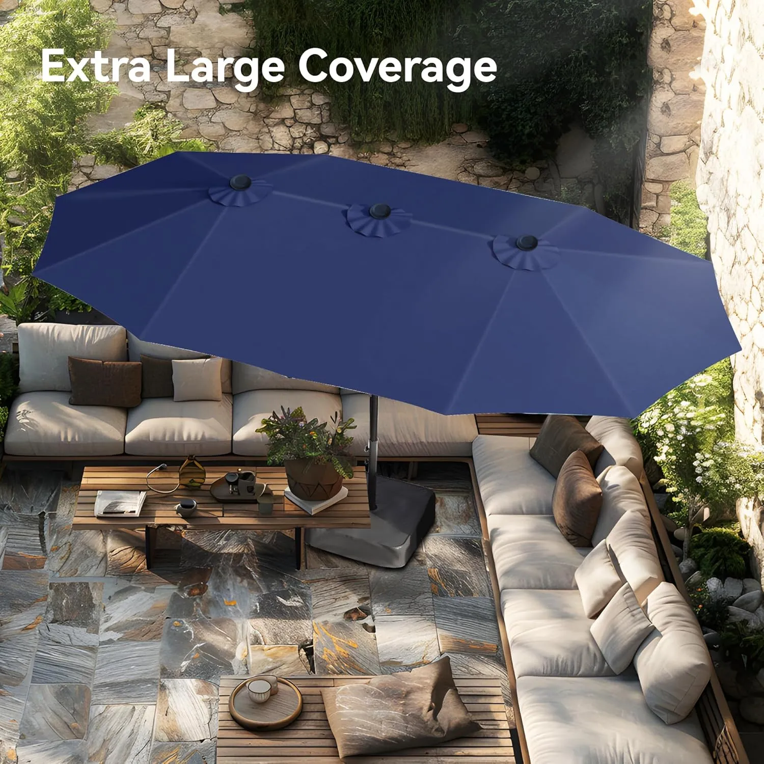 PHI VILLA 15ft Large Patio Umbrellas with Base Included, Outdoor Double-Sided Rectangle Market Umbrella with Crank Handle, for Pool Lawn Garden, Blue