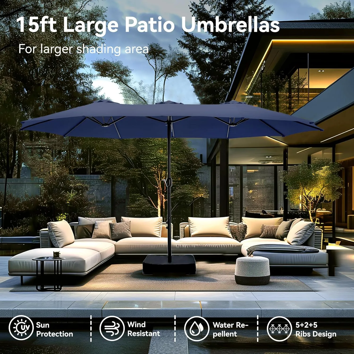 PHI VILLA 15ft Large Patio Umbrellas with Base Included, Outdoor Double-Sided Rectangle Market Umbrella with Crank Handle, for Pool Lawn Garden, Blue