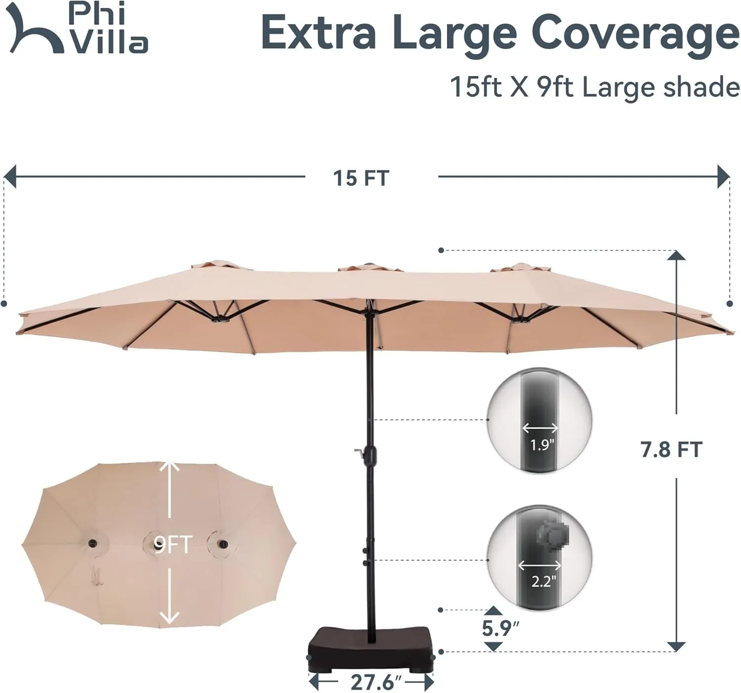 PHI VILLA 15ft Large Patio Umbrellas with Base Included, Outdoor Double-Sided Rectangle Market Umbrella with Stand, Outside Umbrellas for Poolside Lawn Backyard, Beige