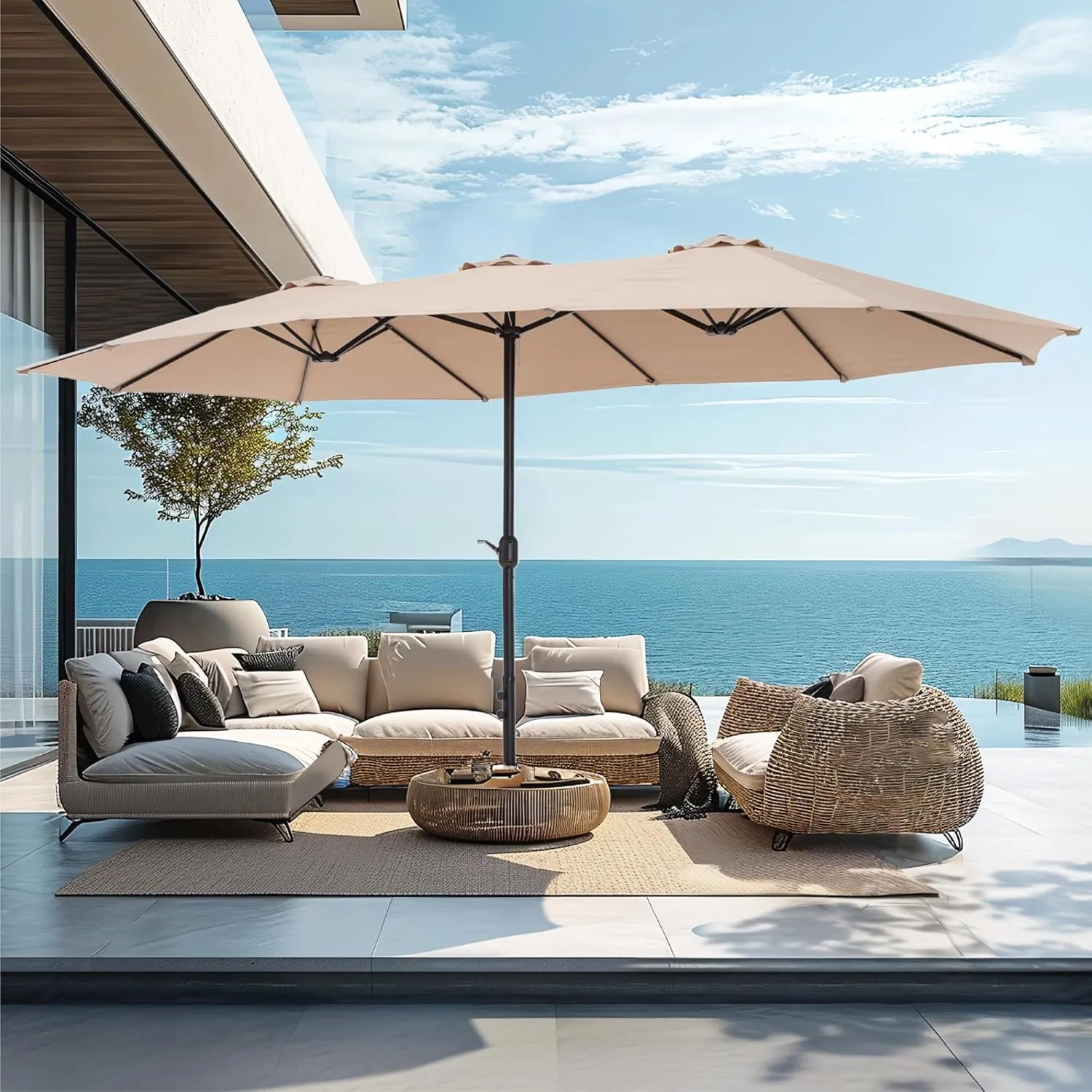 PHI VILLA 15ft Large Patio Umbrellas with Base Included, Outdoor Double-Sided Rectangle Market Umbrella with Stand, Outside Umbrellas for Poolside Lawn Backyard, Beige