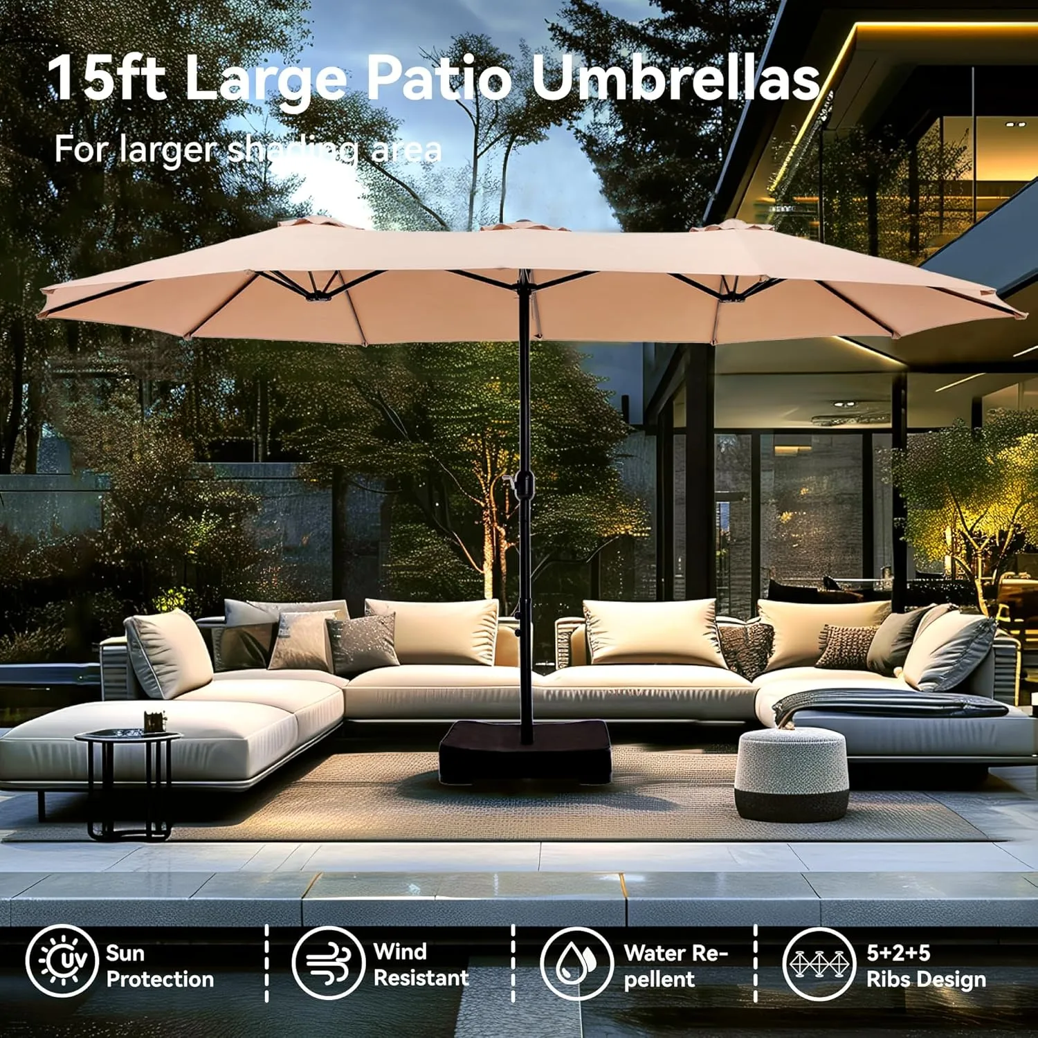 PHI VILLA 15ft Large Patio Umbrellas with Base Included, Outdoor Double-Sided Rectangle Market Umbrella with Stand, Outside Umbrellas for Poolside Lawn Backyard, Beige