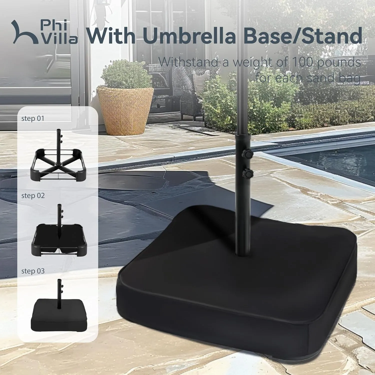 PHI VILLA 15ft Large Patio Umbrellas with Base Included, Outdoor Double-Sided Rectangle Market Umbrella with Stand, Outside Umbrellas for Poolside Lawn Backyard, Beige