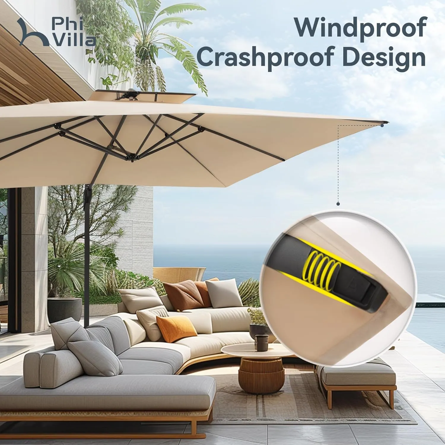 PHI VILLA 9'x 12' Large Patio Umbrella, Outdoor Aluminum Cantilever Umbrella with Double Top Rectanglar Canopy, Windproof Hydraulic Offset Umbrella for Pool, Deck, Garden, Beach, Porch, Beige