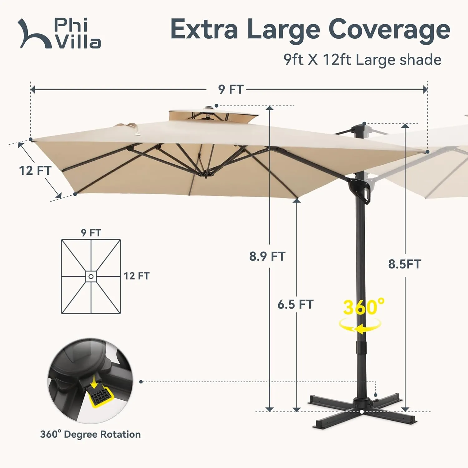 PHI VILLA 9'x 12' Large Patio Umbrella, Outdoor Aluminum Cantilever Umbrella with Double Top Rectanglar Canopy, Windproof Hydraulic Offset Umbrella for Pool, Deck, Garden, Beach, Porch, Beige